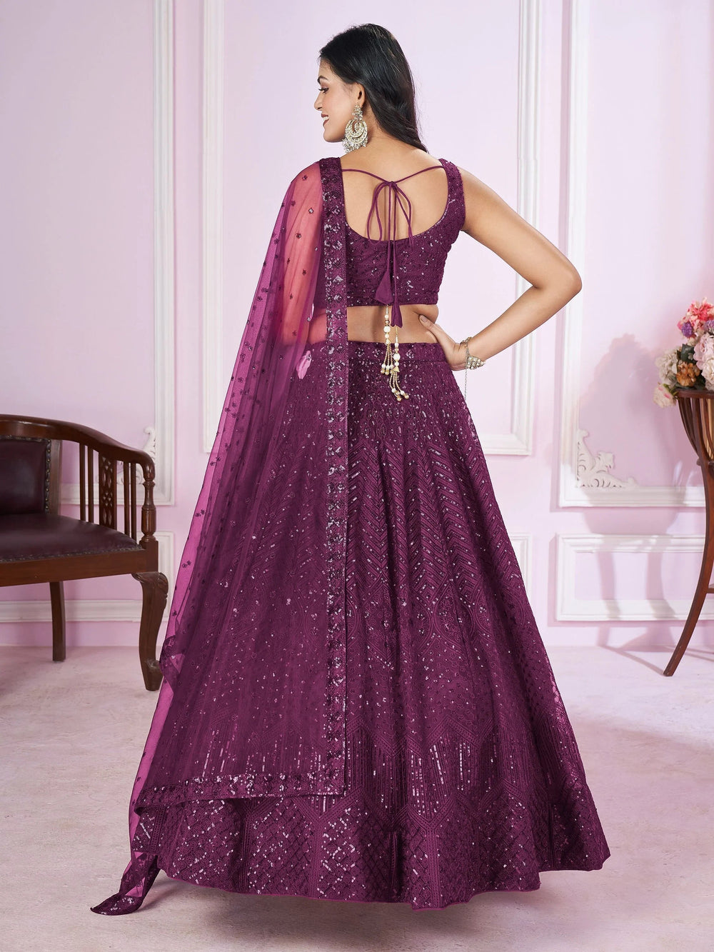 Purple Flawless Thread Embroidered Net Reception Lehenga Choli Indian Ethnic Wear