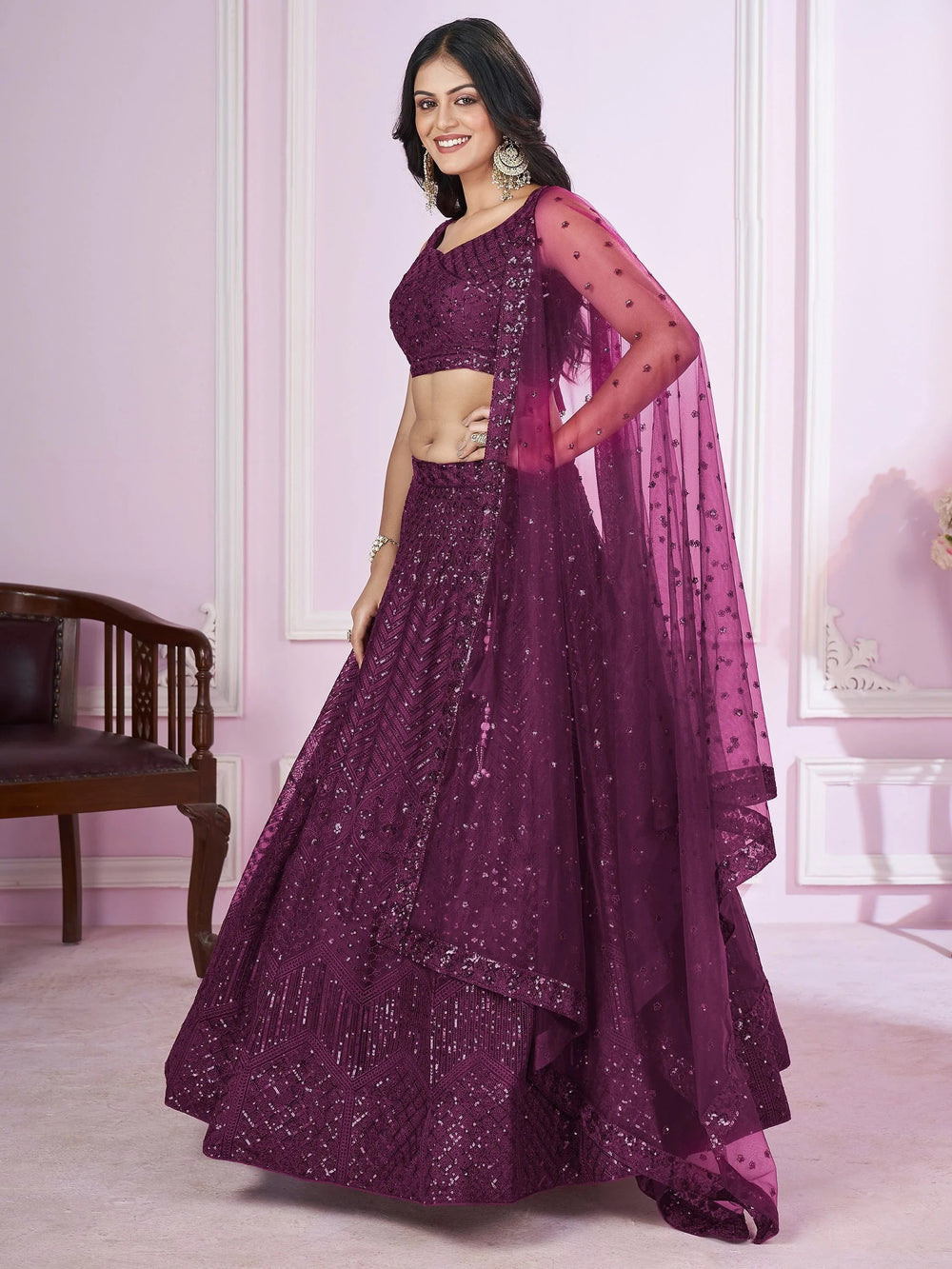 Purple Flawless Thread Embroidered Net Reception Lehenga Choli Indian Ethnic Wear