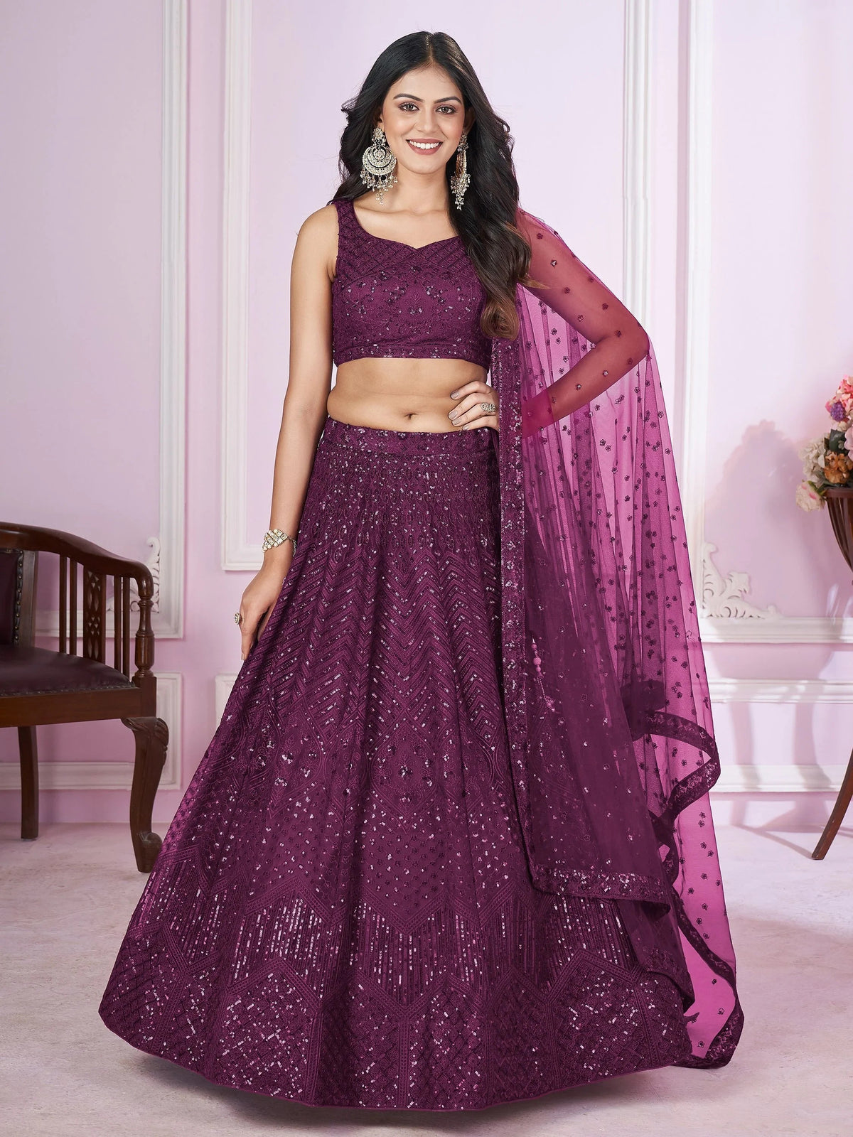 Purple Flawless Thread Embroidered Net Reception Lehenga Choli Indian Ethnic Wear