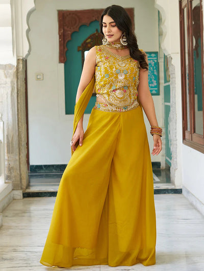 Yellow Stunning Thread Embroidered Mehendi Wear Palazzo Suit for Women