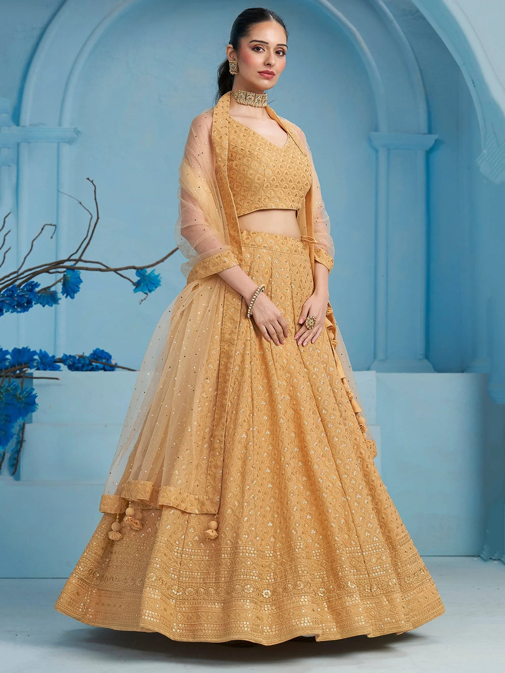 Sequins georgette lehenga choli with thread embroidery for wedding and sangeet occasions