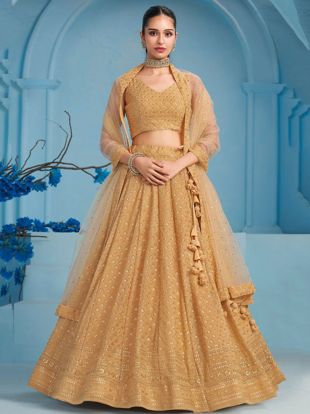 Sequins georgette lehenga choli with thread embroidery for wedding and sangeet occasions