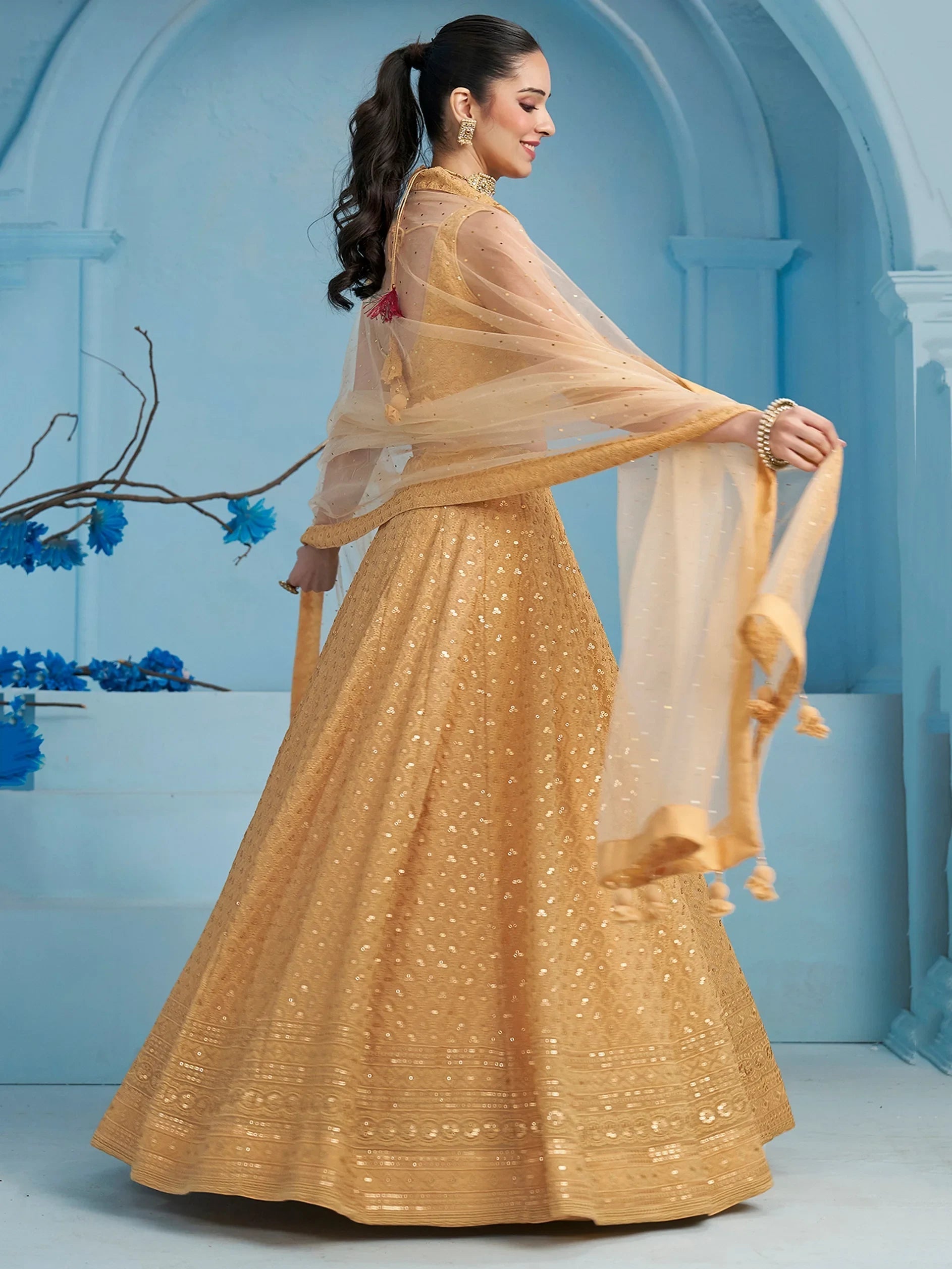 Sequins georgette lehenga choli with thread embroidery for wedding and sangeet occasions