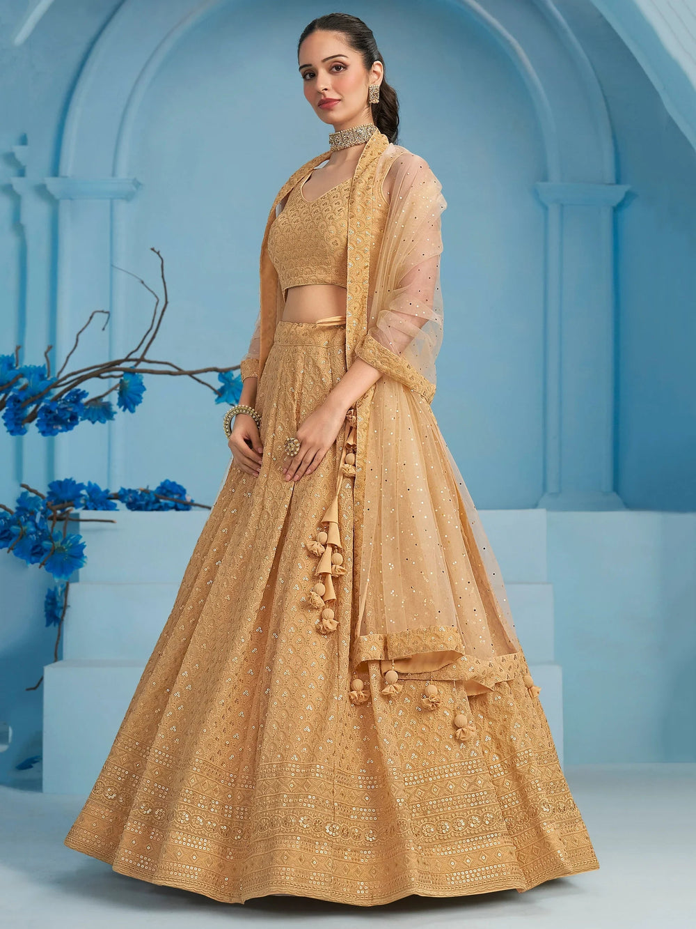 Sequins georgette lehenga choli with thread embroidery for wedding and sangeet occasions