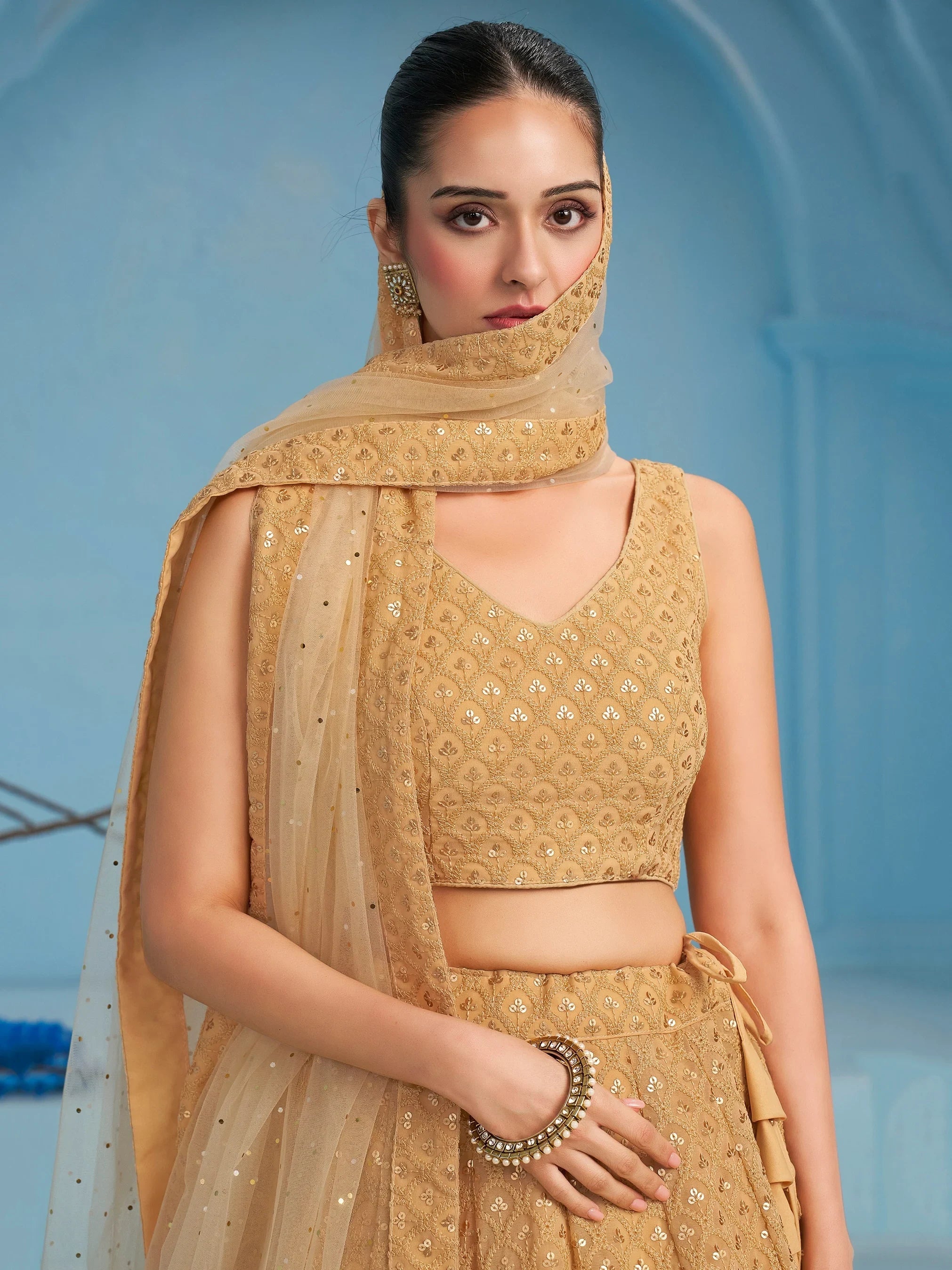 Sequins georgette lehenga choli with thread embroidery for wedding and sangeet occasions