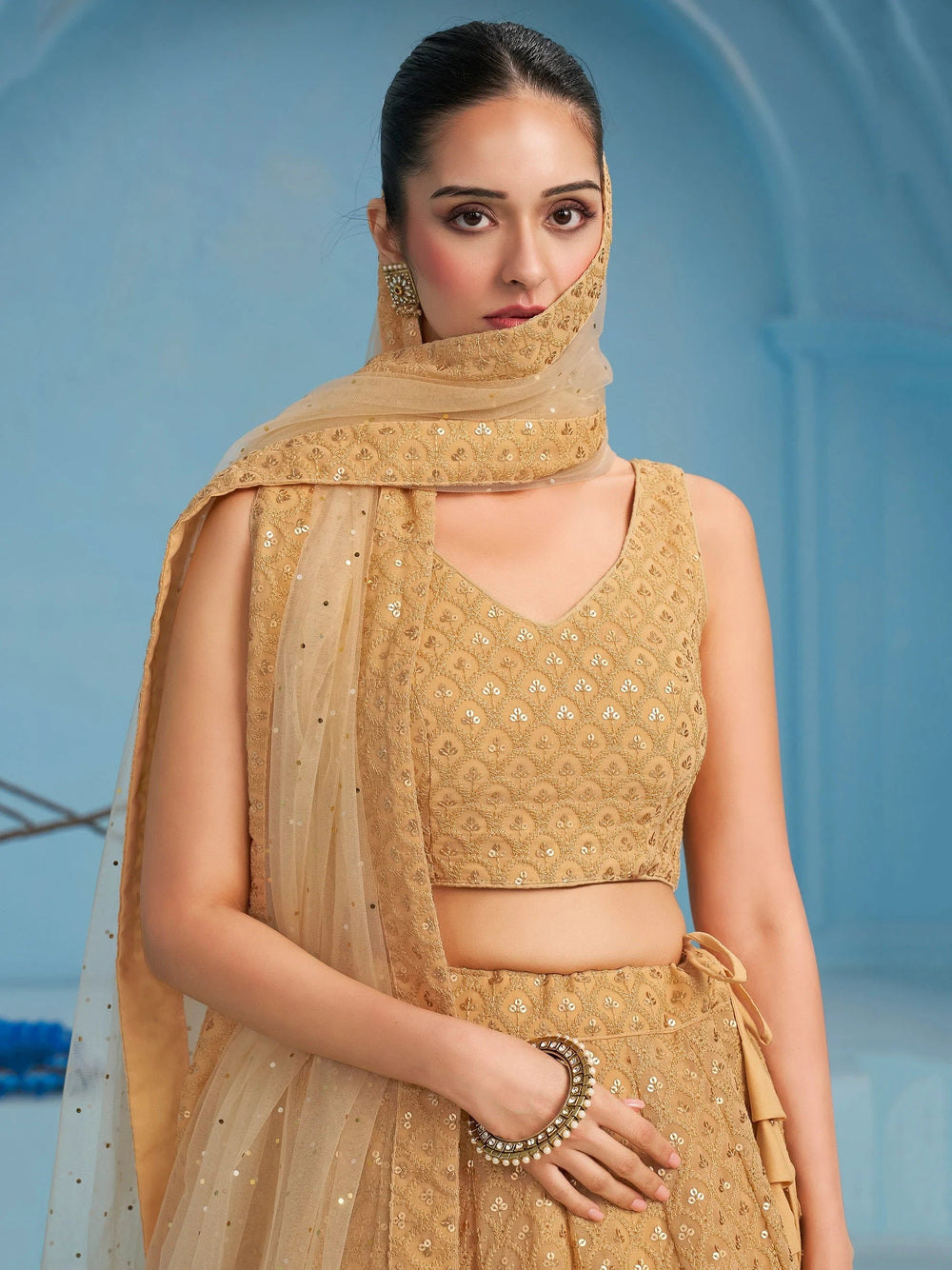 Sequins georgette lehenga choli with thread embroidery for wedding and sangeet occasions