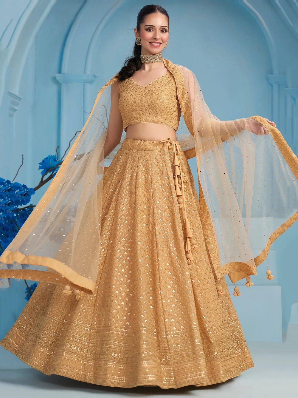 Sequins georgette lehenga choli with thread embroidery for wedding and sangeet occasions