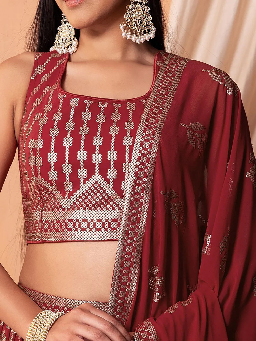 Maroon Sequins Georgette Wedding Lehenga Choli for Ladies