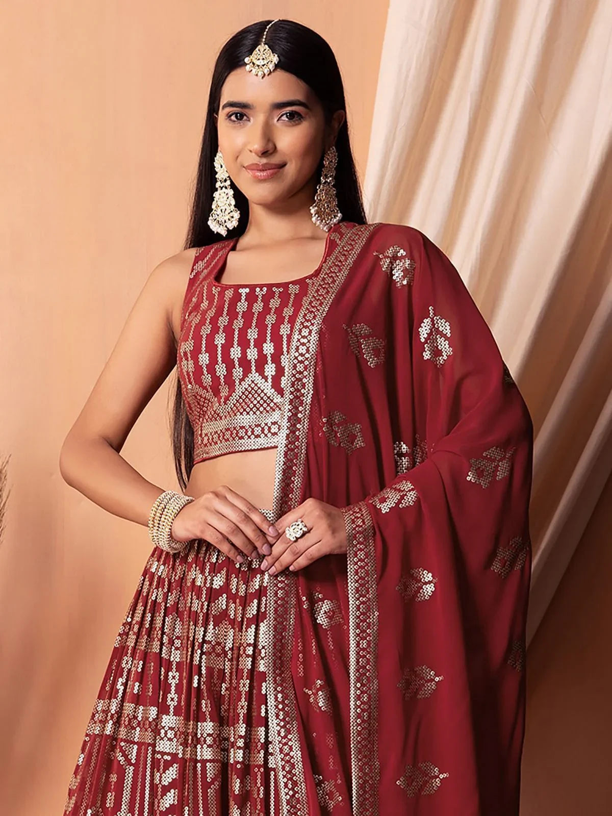 Maroon Sequins Georgette Wedding Lehenga Choli for Ladies