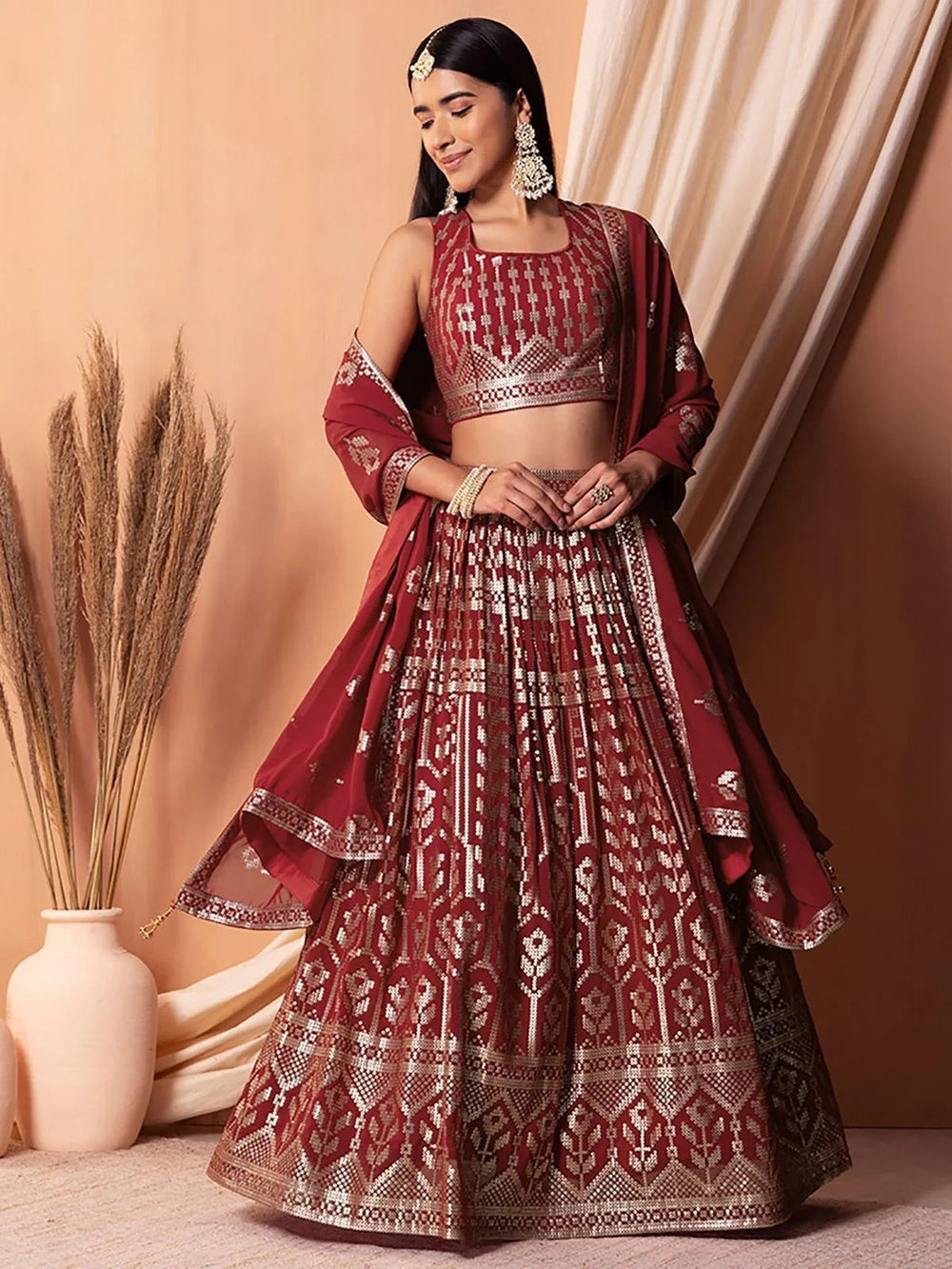 Maroon Sequins Georgette Wedding Lehenga Choli for Ladies