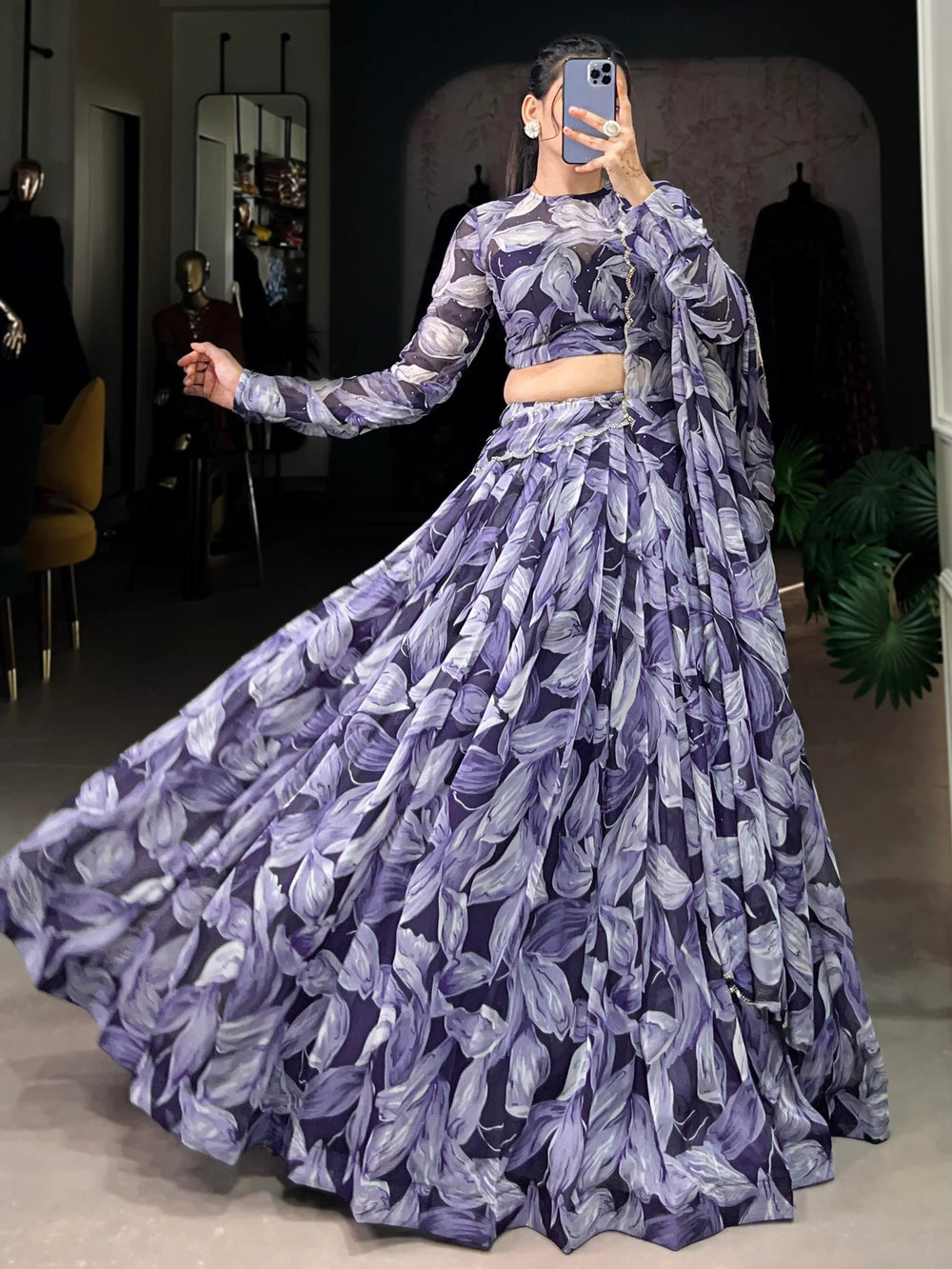 Navy Blue Silk Digital Printed Festival Lehenga Choli for Women