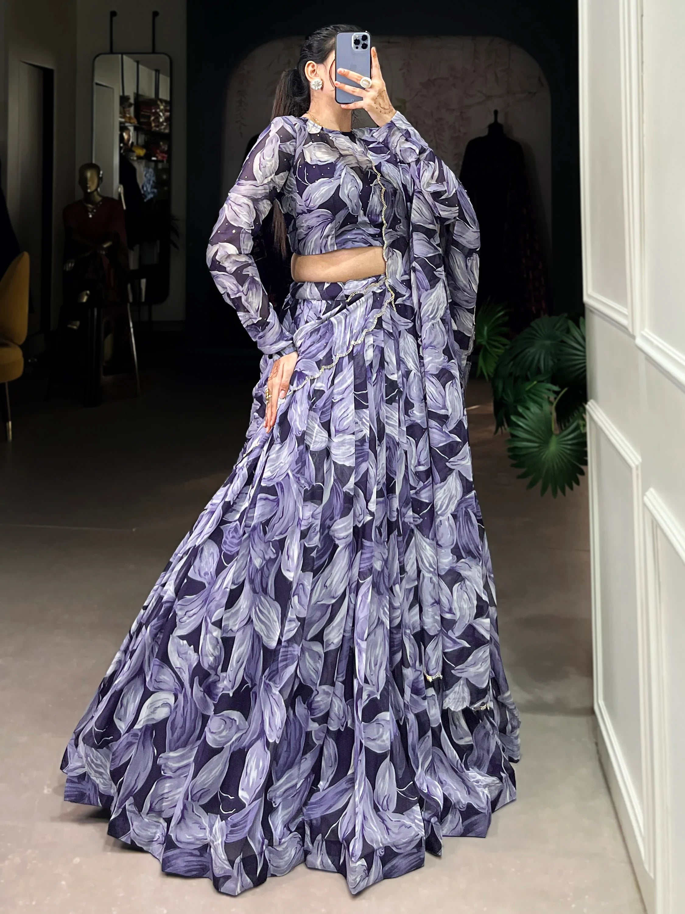 Navy Blue Silk Digital Printed Festival Lehenga Choli for Women