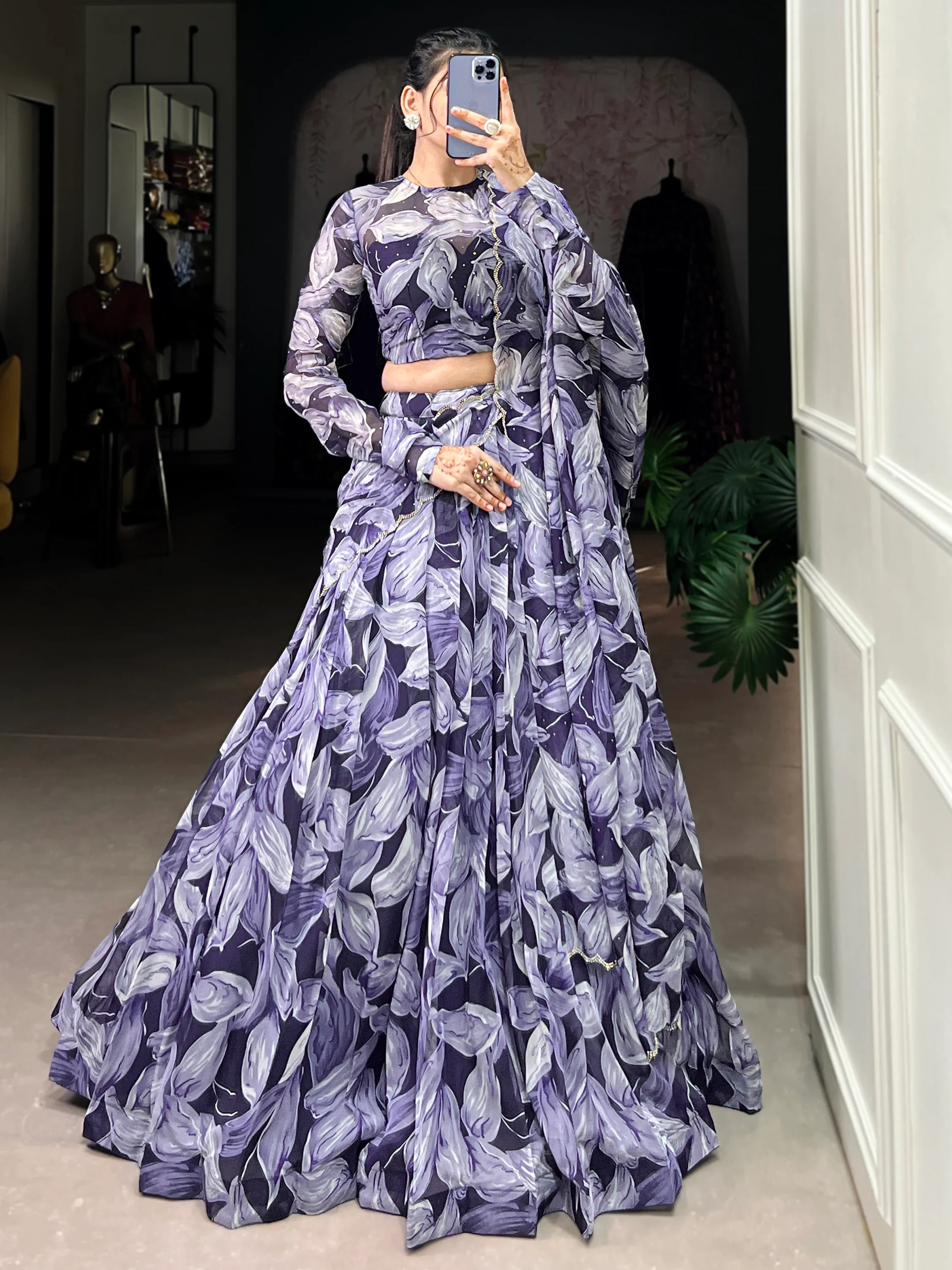 Navy Blue Silk Digital Printed Festival Lehenga Choli for Women