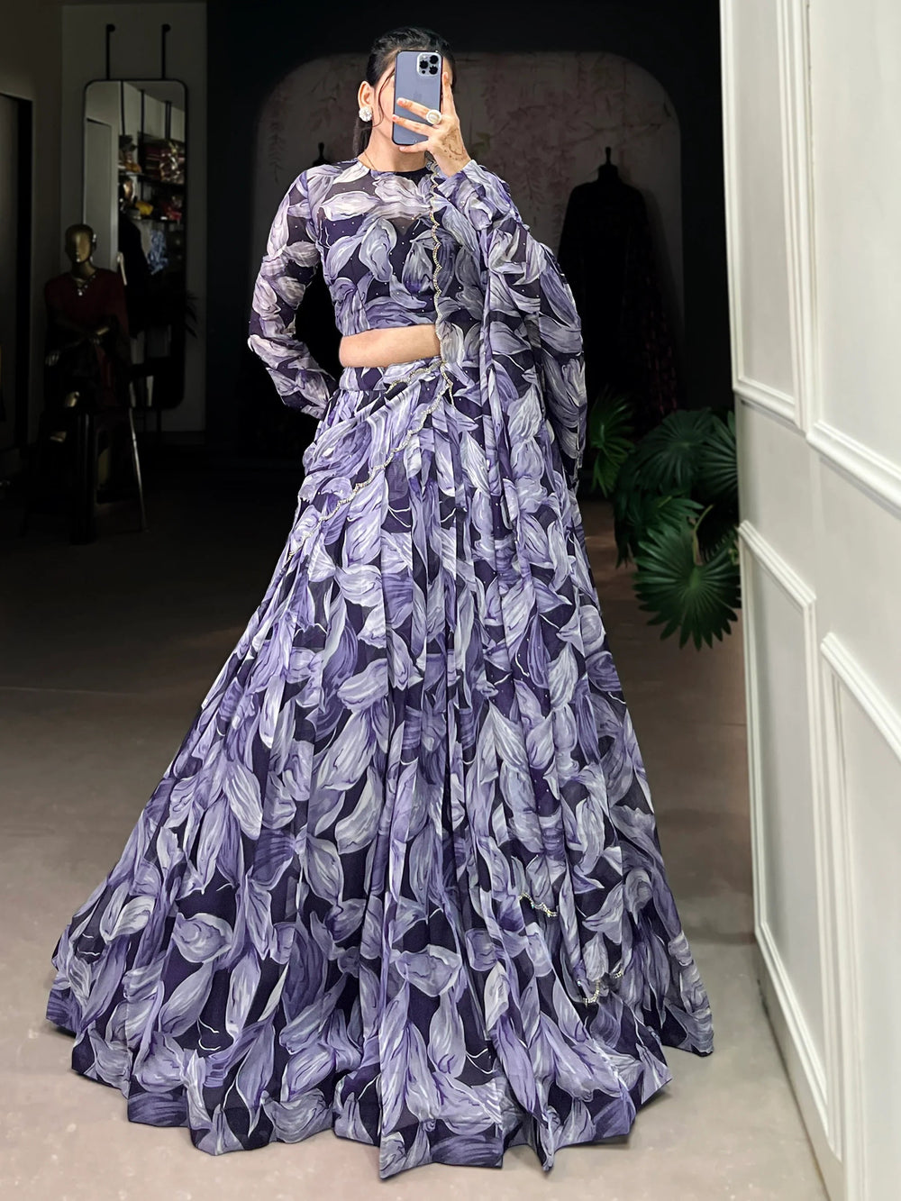Navy Blue Silk Digital Printed Festival Lehenga Choli for Women