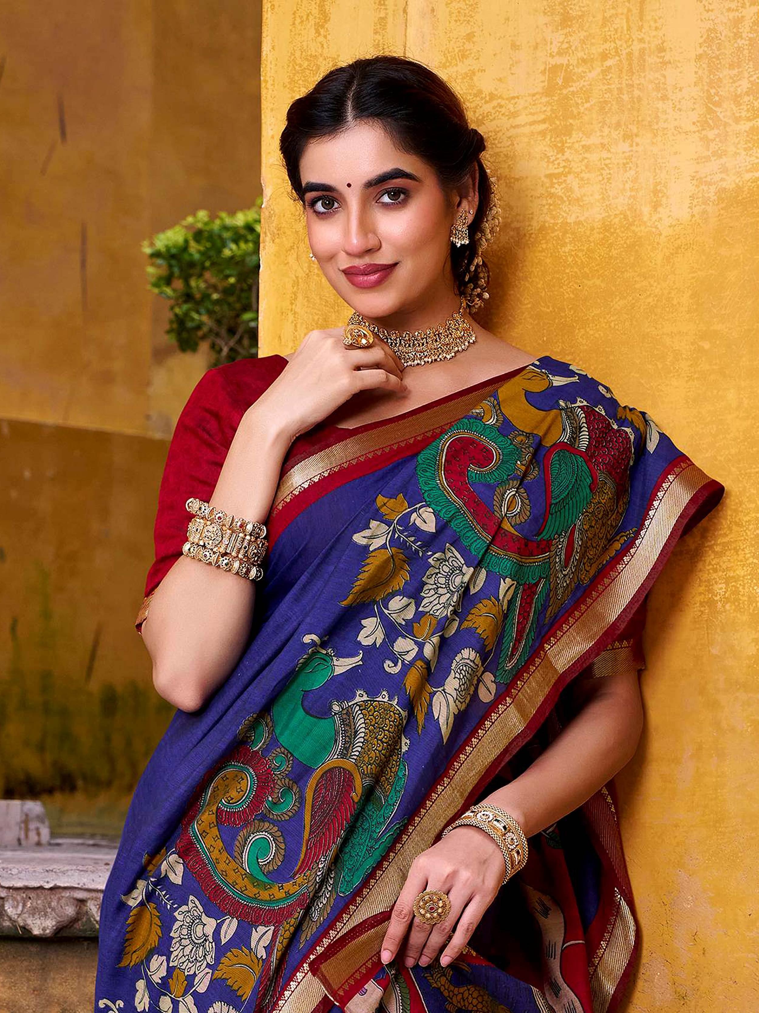Blue Chanderi Kalamkari Printed Festival Wear Saree