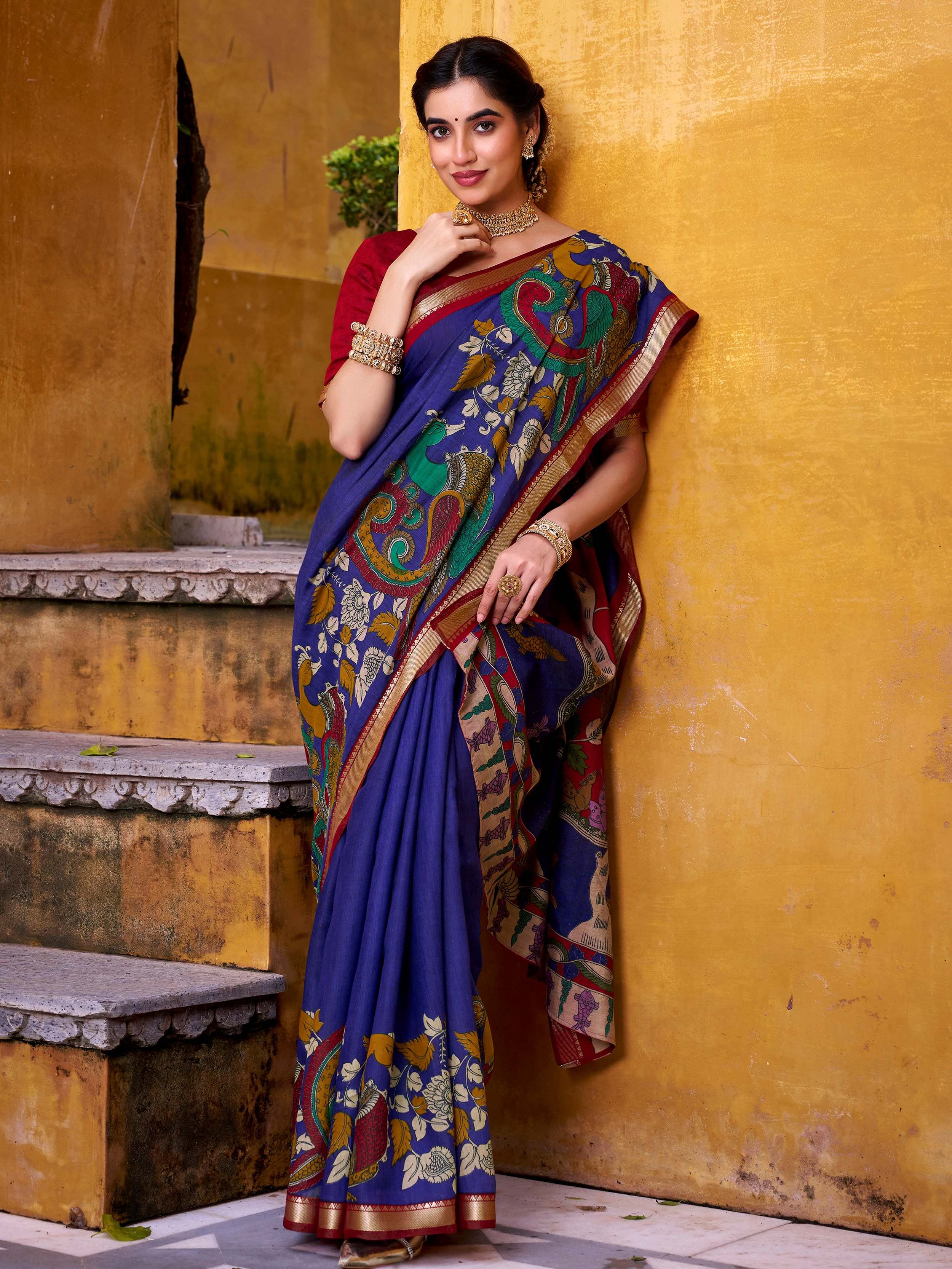 Blue Chanderi Kalamkari Printed Festival Wear Saree