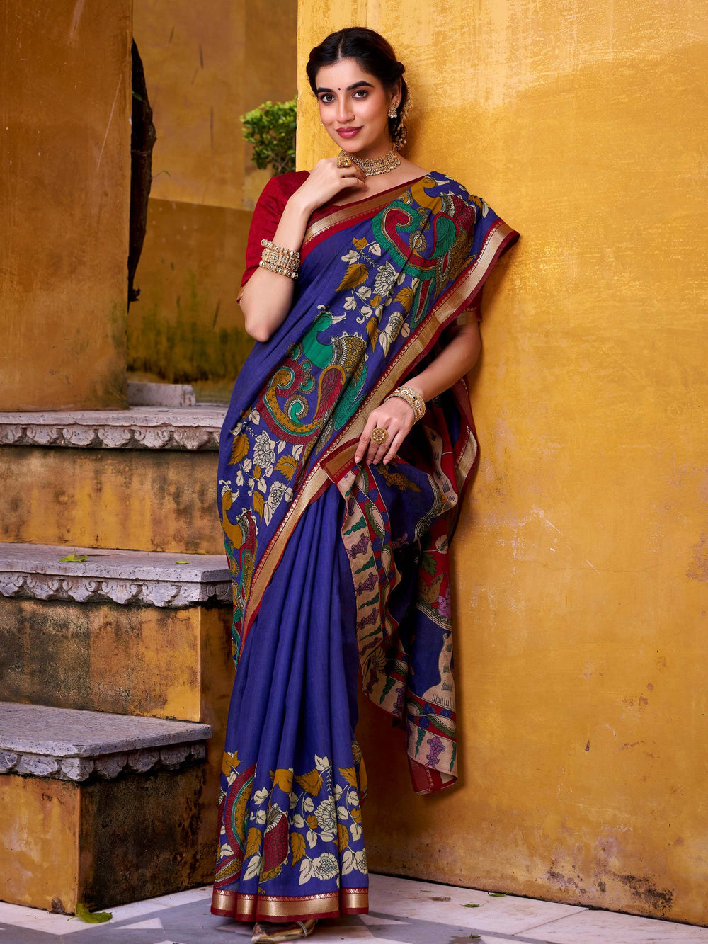 Blue Chanderi Kalamkari Printed Festival Wear Saree