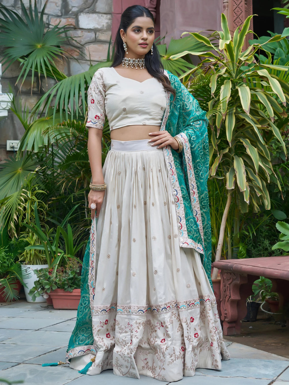 White Sequins Silk Lehenga Choli With Blue Dupatta for Women