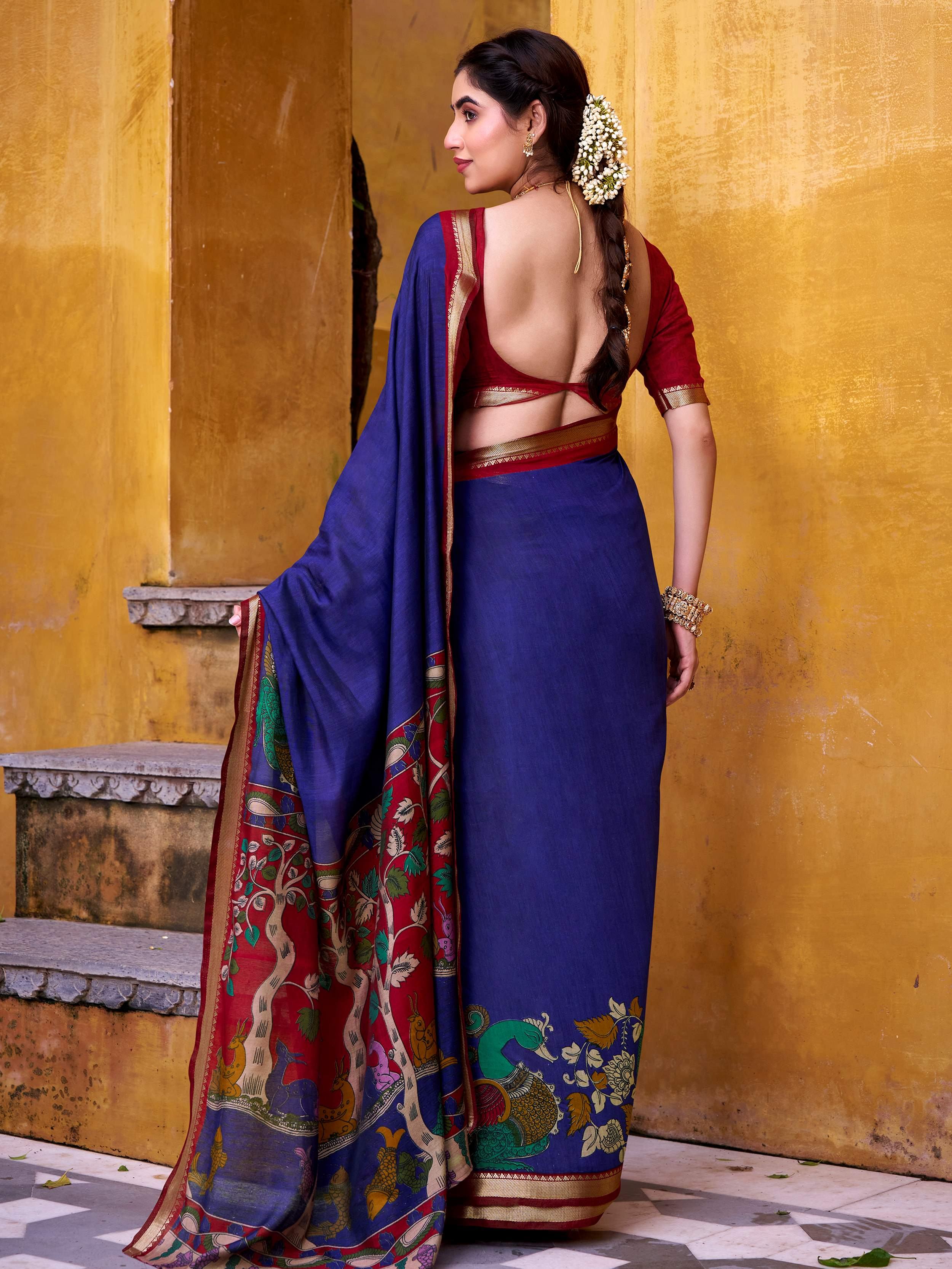 Blue Chanderi Kalamkari Printed Festival Wear Saree