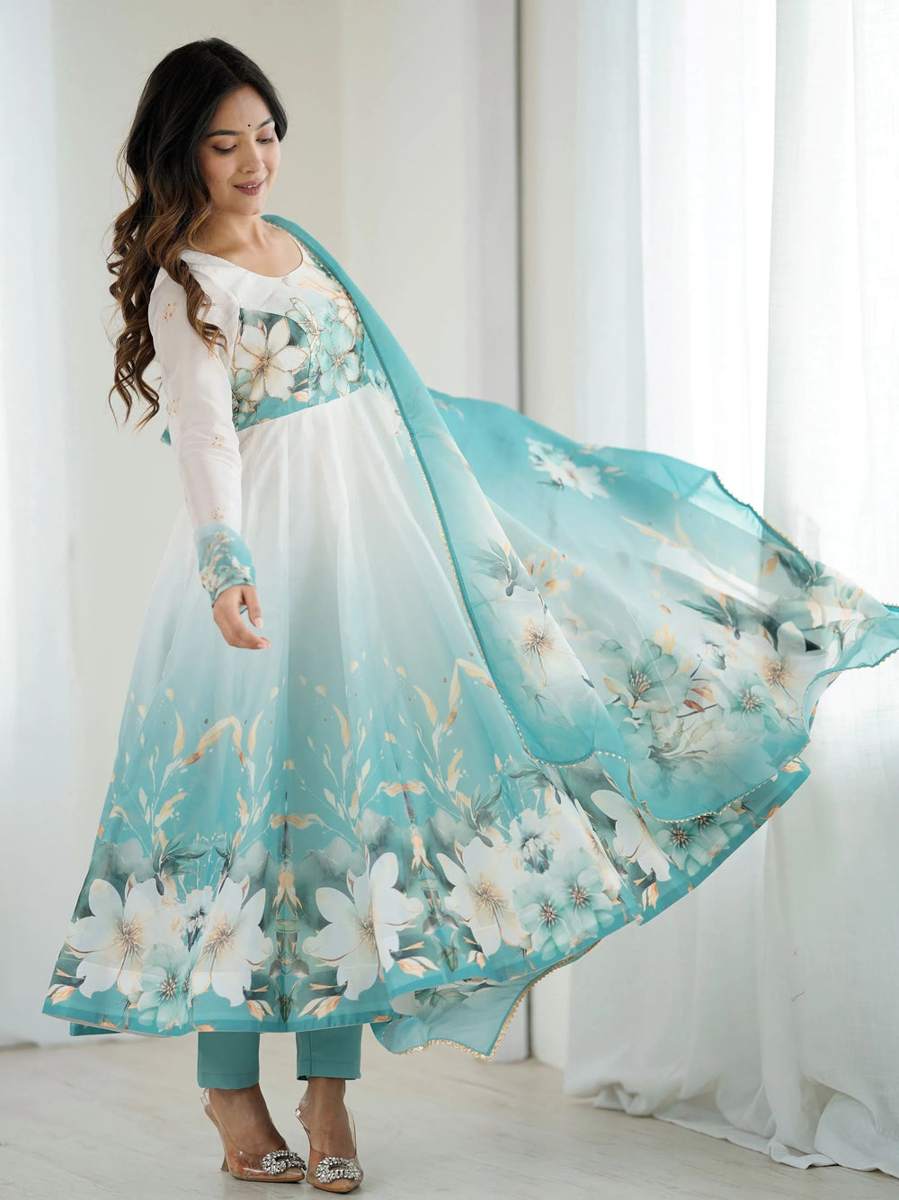 Blue Flower Printed Organza Traditional Anarkali Suit for Women