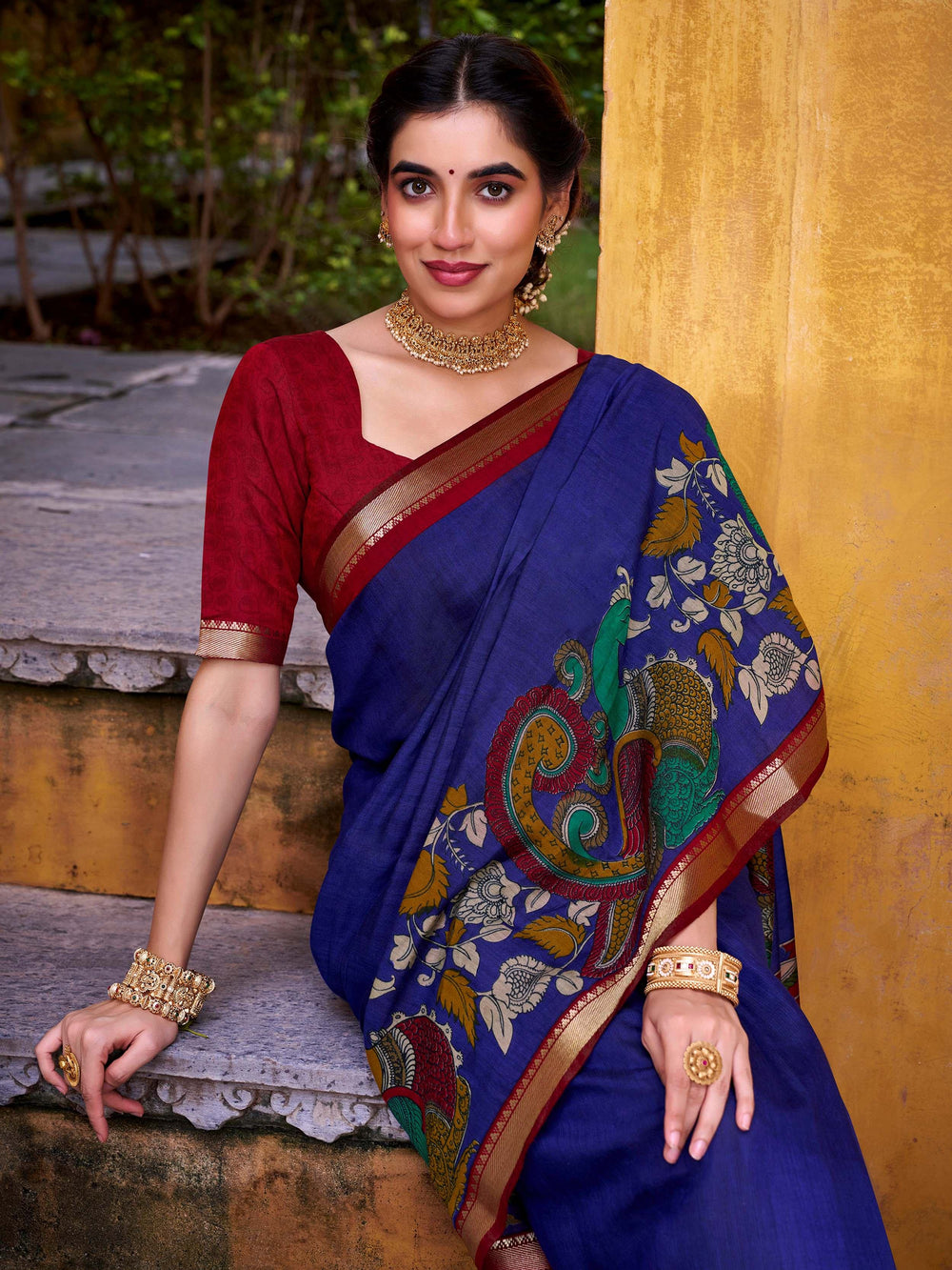 Blue Chanderi Kalamkari Printed Festival Wear Saree