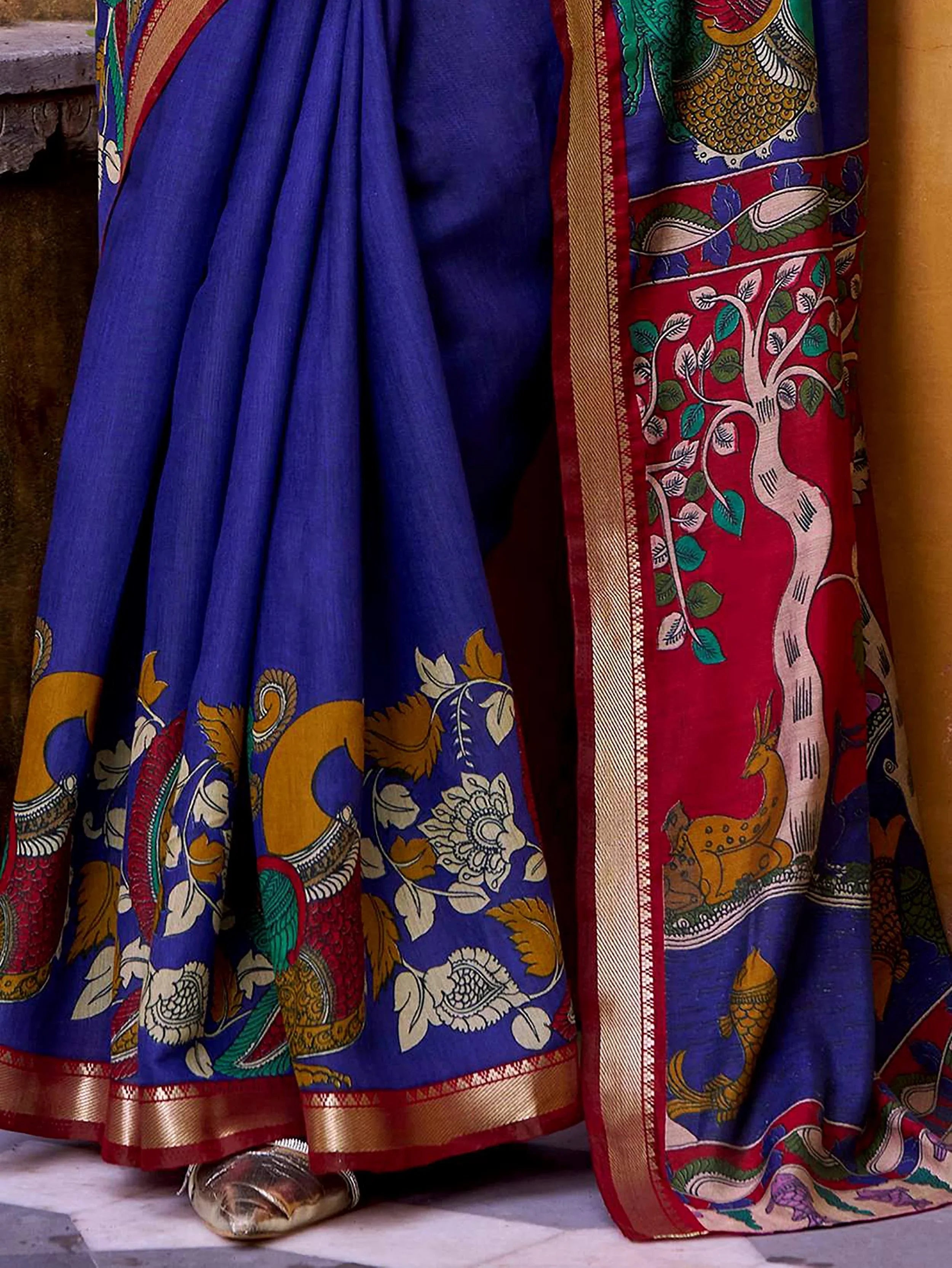 Blue Chanderi Kalamkari Printed Festival Wear Saree