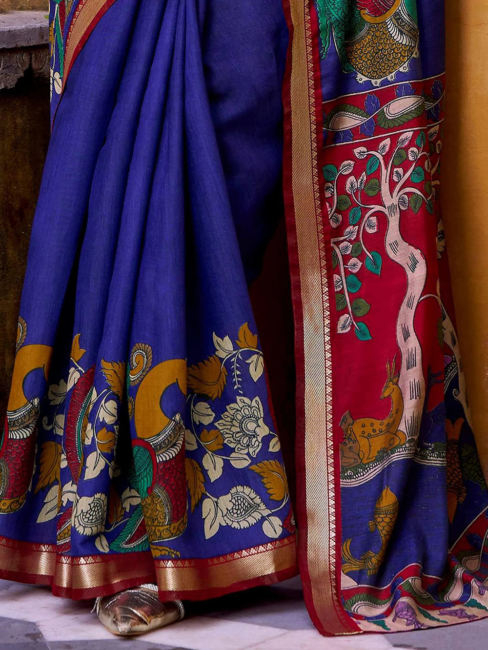 Blue Chanderi Kalamkari Printed Festival Wear Saree