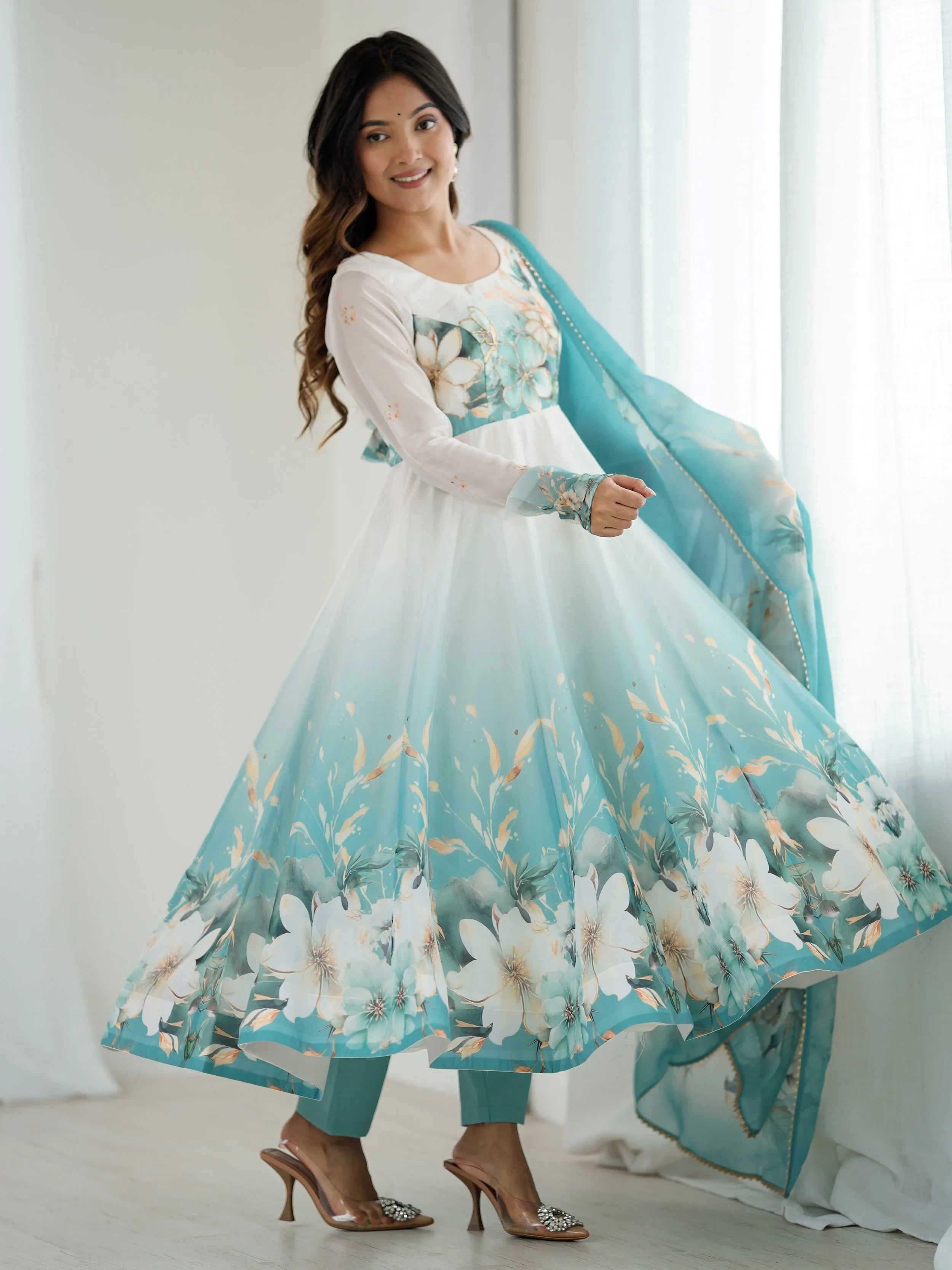 Blue Flower Printed Organza Traditional Anarkali Suit for Women