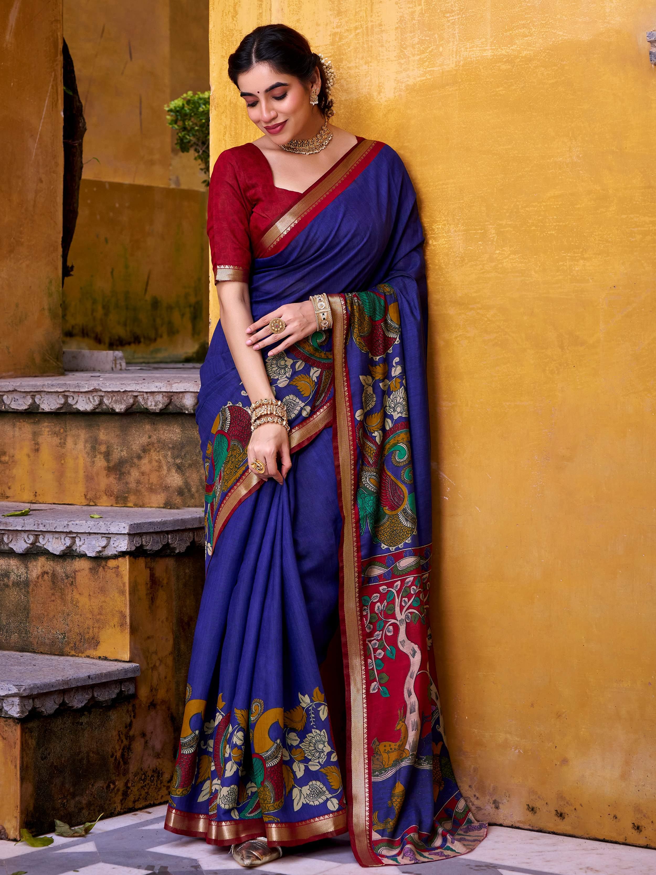 Blue Chanderi Kalamkari Printed Festival Wear Saree