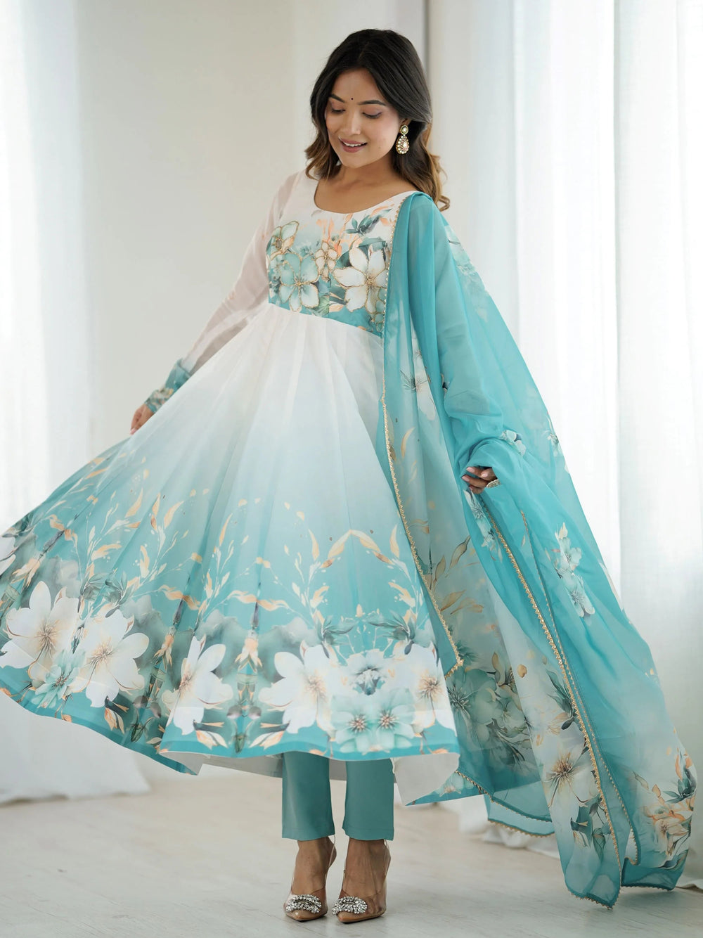 Blue Flower Printed Organza Traditional Anarkali Suit for Women