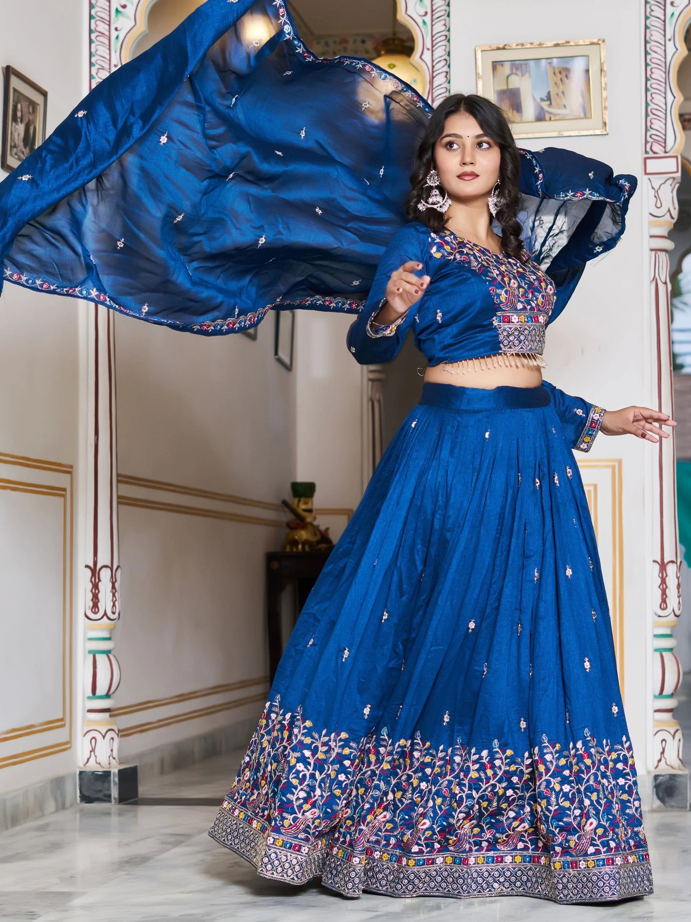Blue Thread Embroidered Silk Festive Wear Lehenga Choli for Women