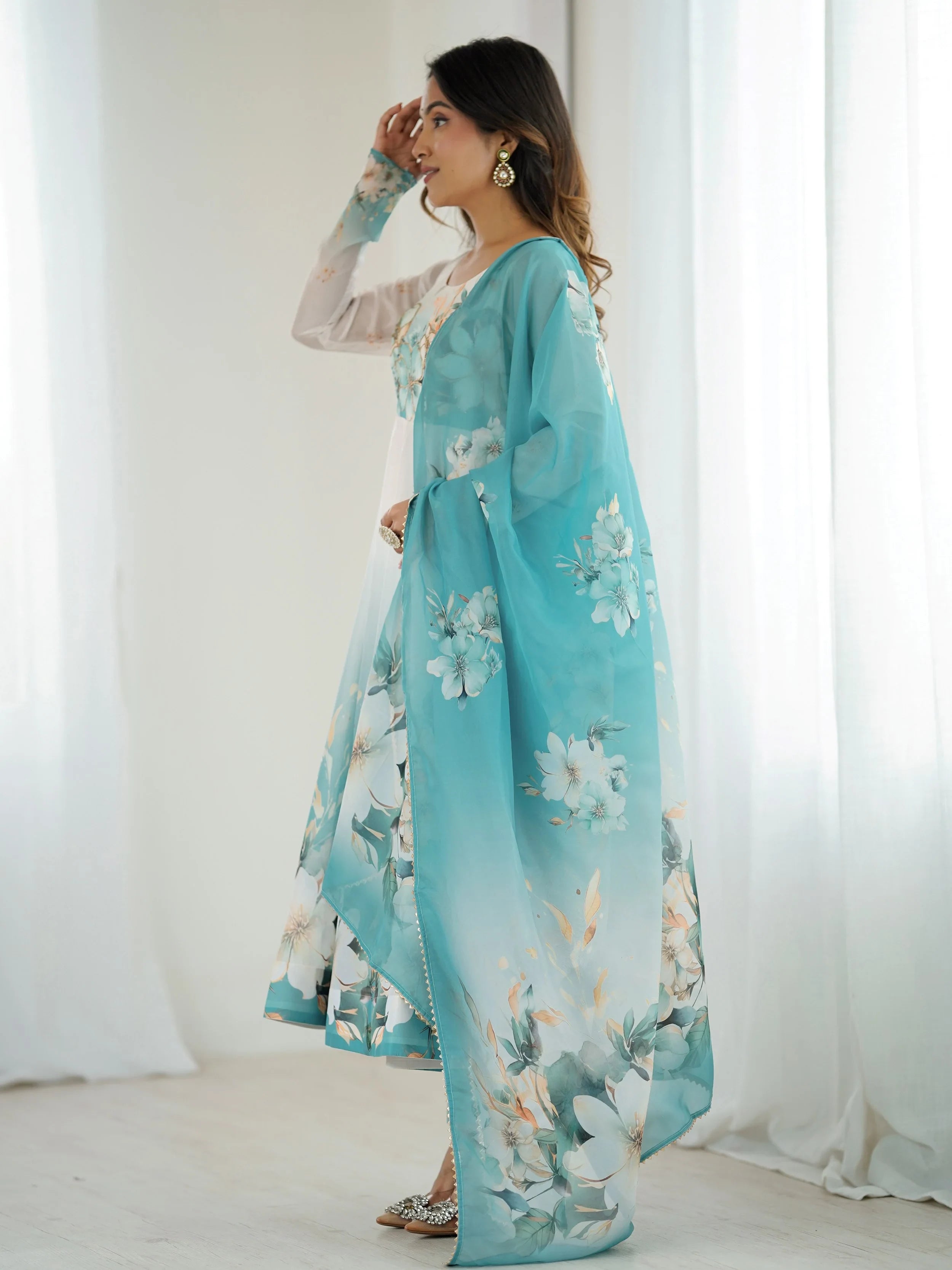 Blue Flower Printed Organza Traditional Anarkali Suit for Women