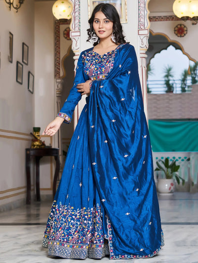 Blue Thread Embroidered Silk Festive Wear Lehenga Choli for Women
