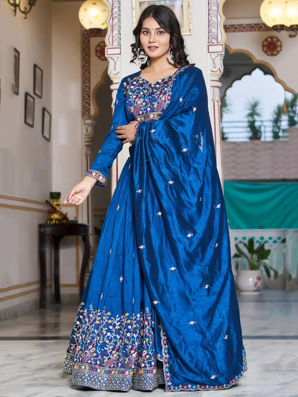 Blue Thread Embroidered Silk Festive Wear Lehenga Choli for Women
