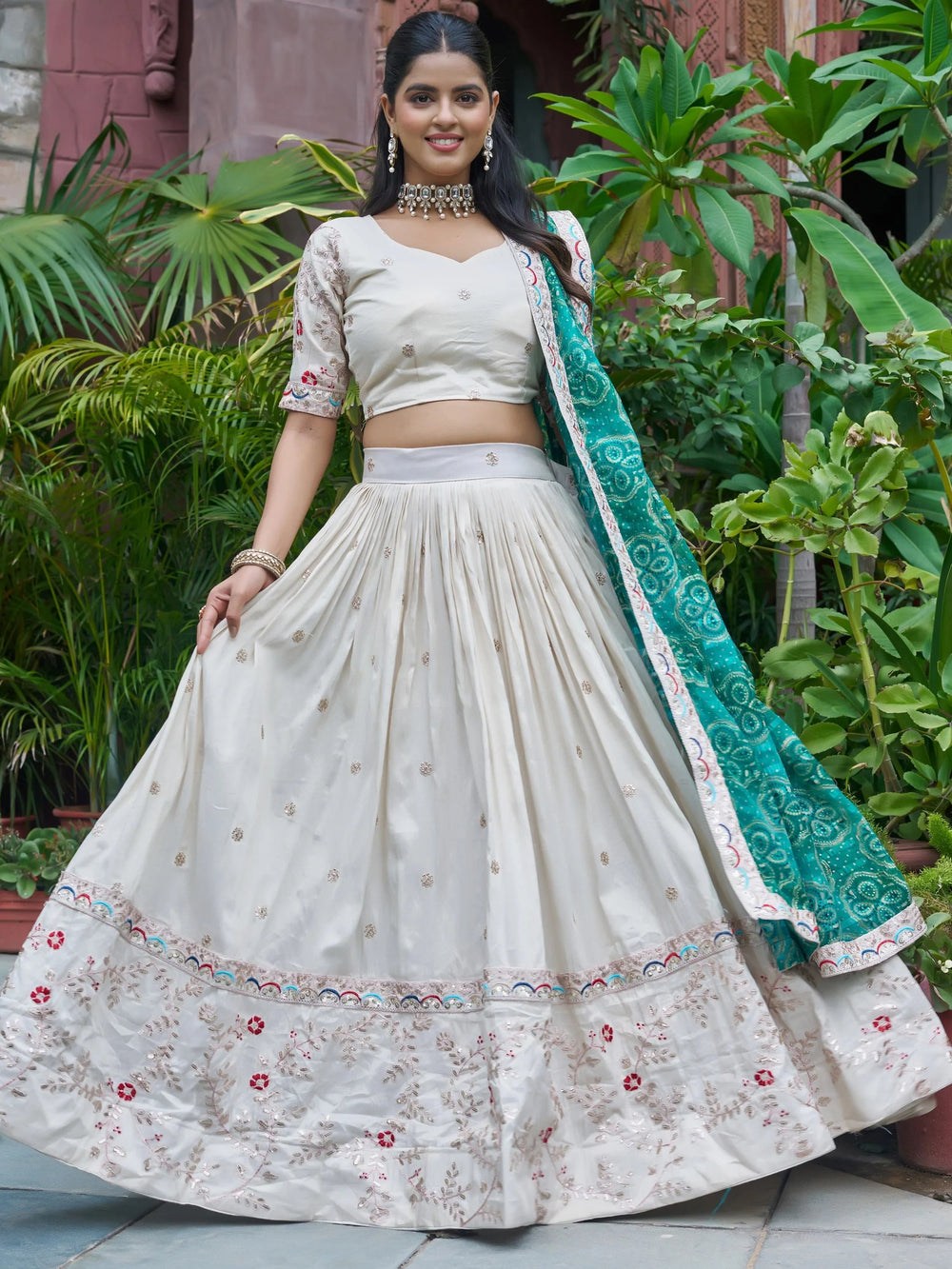 White Sequins Silk Lehenga Choli With Blue Dupatta for Women