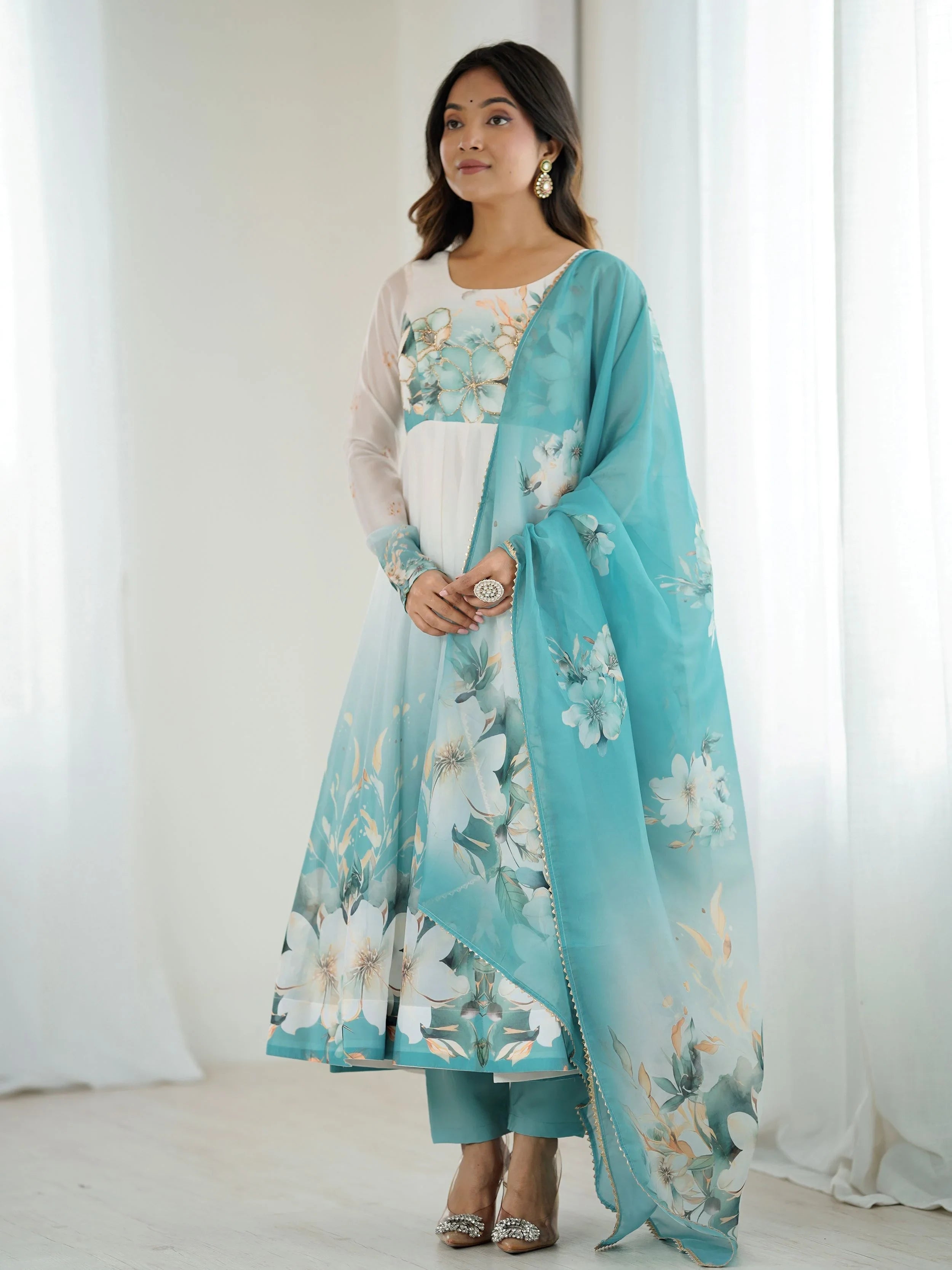 Blue Flower Printed Organza Traditional Anarkali Suit for Women