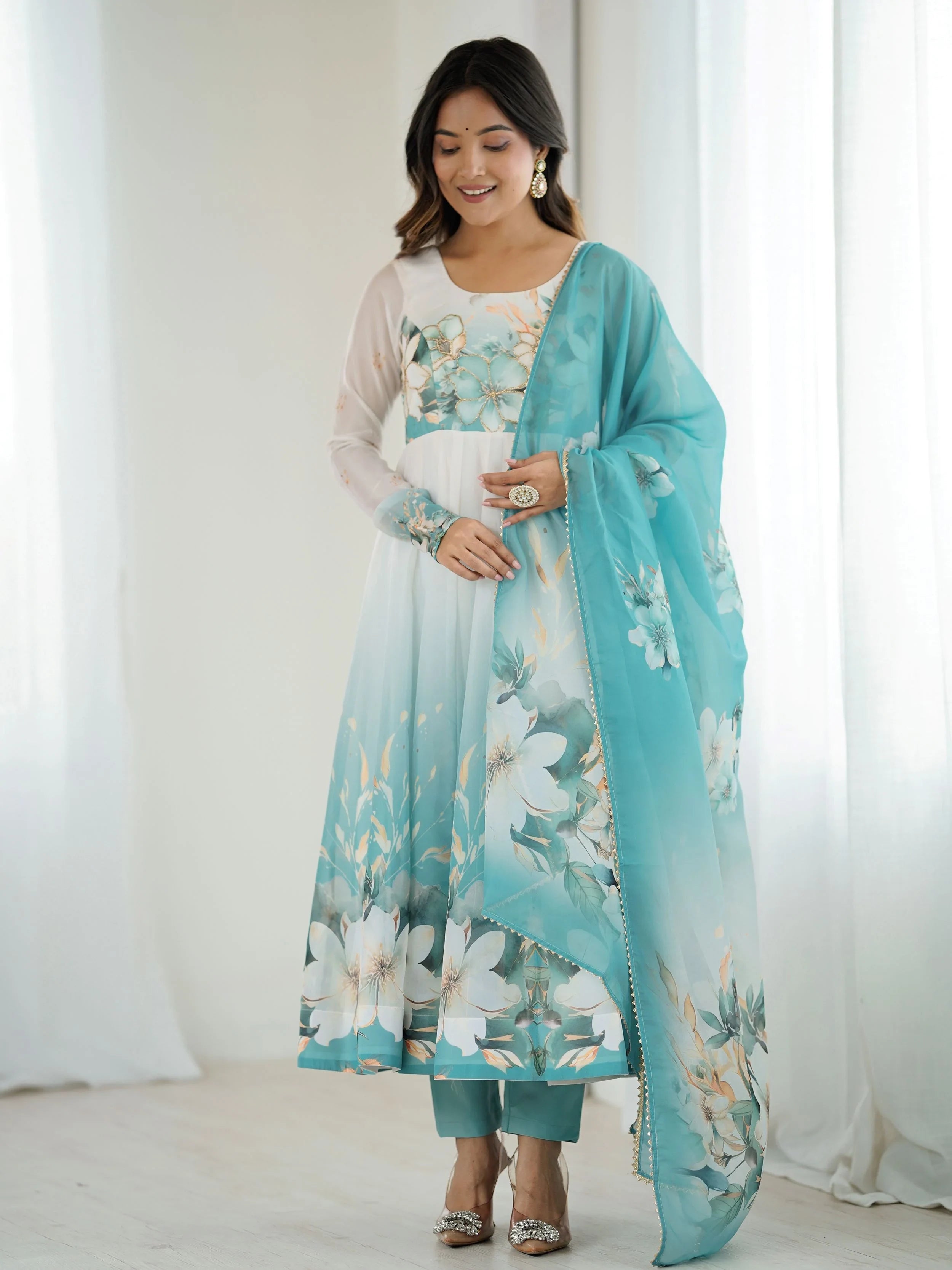 Blue Flower Printed Organza Traditional Anarkali Suit for Women