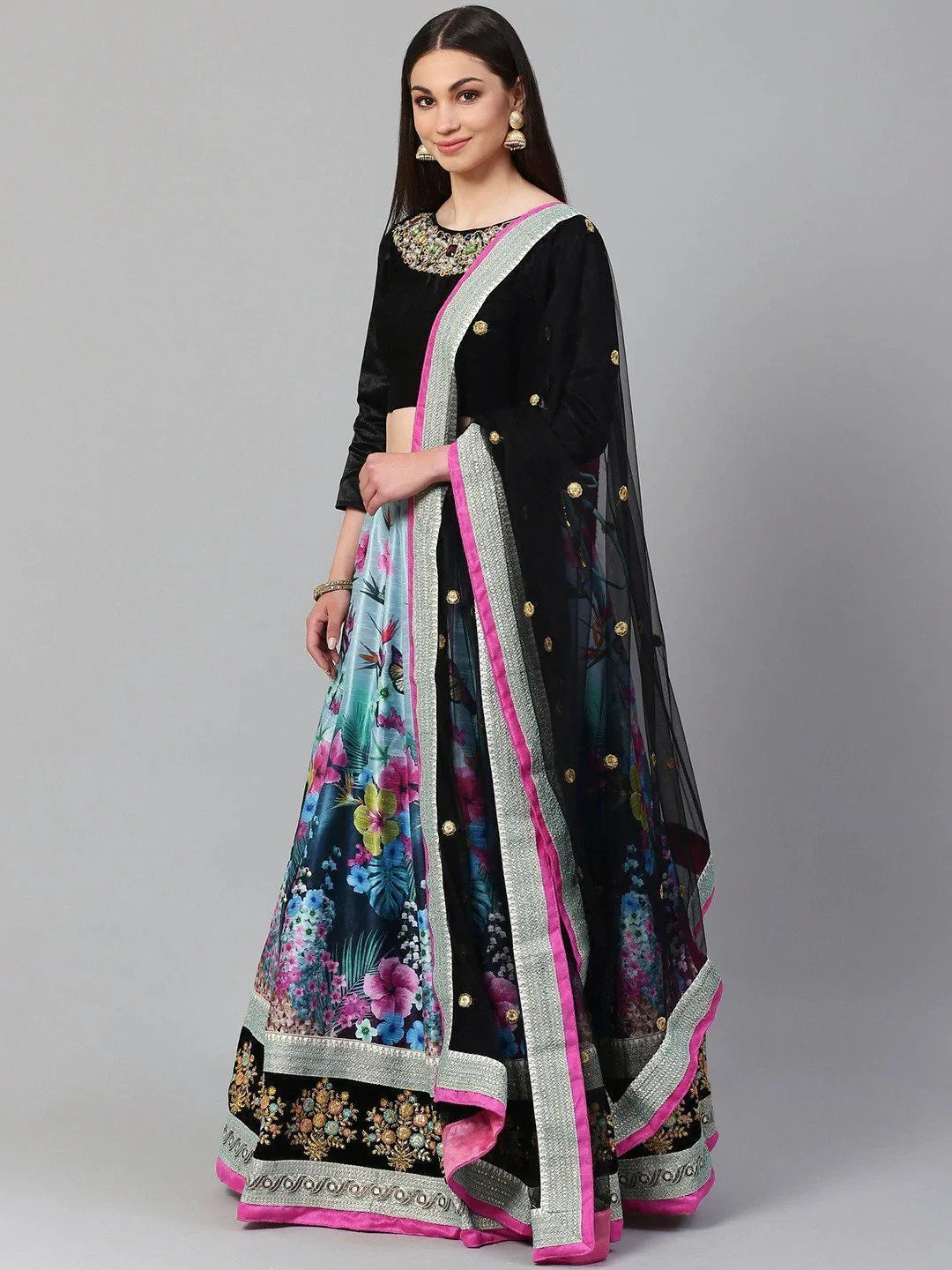Blue & Black Solid Festival Wear Lehenga Choli with Dupatta for Women