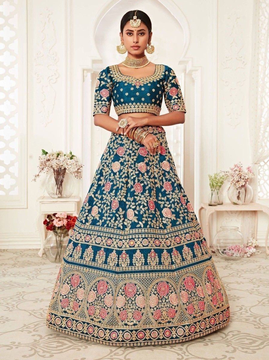 Blue Rose Embroidered Silk Bridal Lehenga Choli Festive Collection