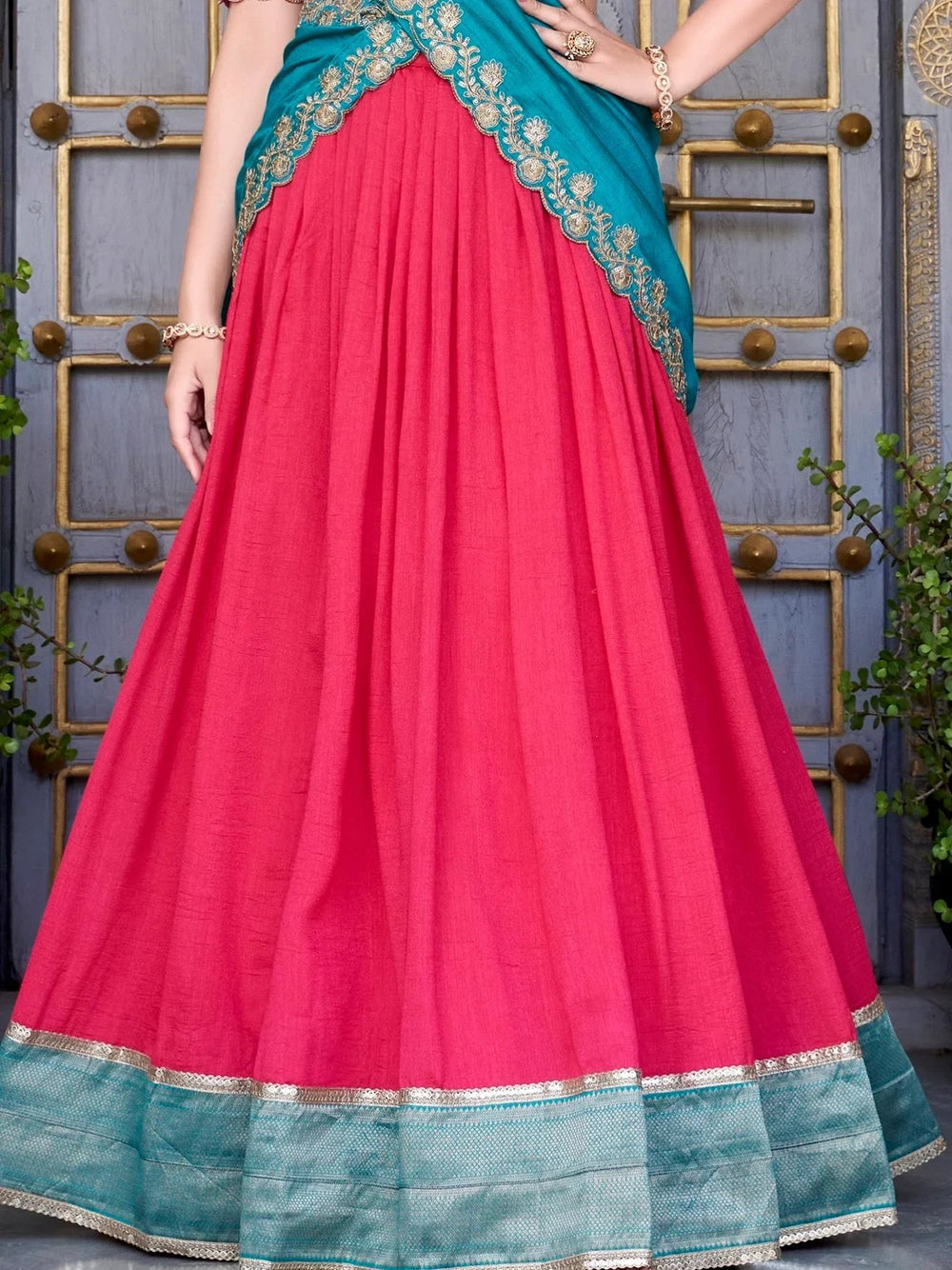 Blush Pink Vichitra Silk Zari Weaving Border Half Saree Lehenga
