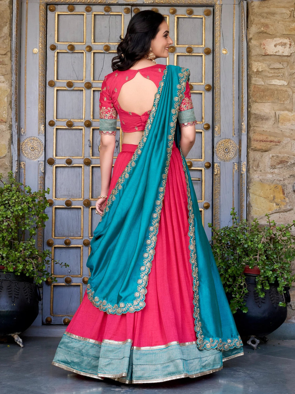 Blush Pink Vichitra Silk Zari Weaving Border Half Saree Lehenga