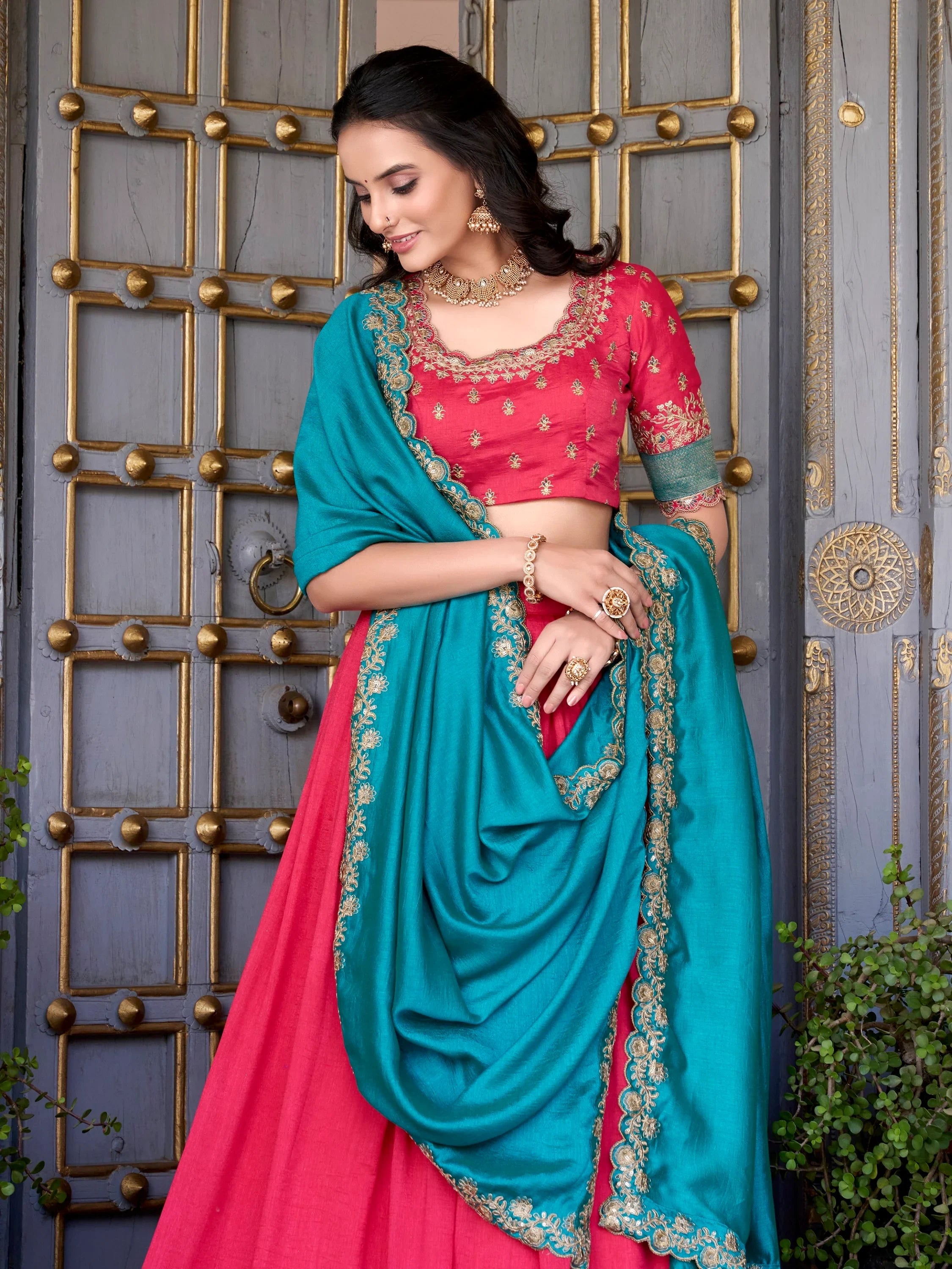 Blush Pink Vichitra Silk Zari Weaving Border Half Saree Lehenga