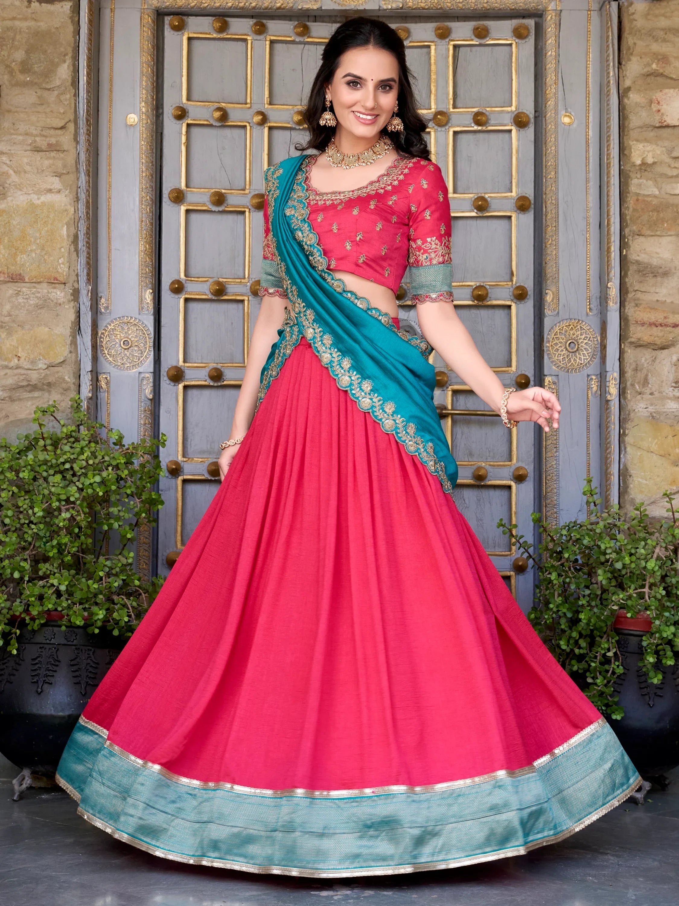 Blush Pink Vichitra Silk Zari Weaving Border Half Saree Lehenga