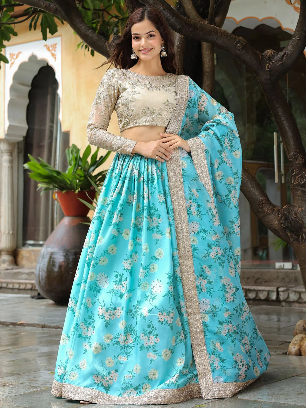 Floral printed organza lehenga choli for wedding and reception occasions