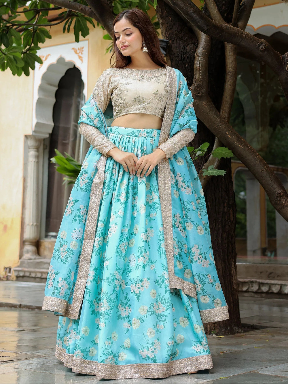 Floral printed organza lehenga choli for wedding and reception occasions
