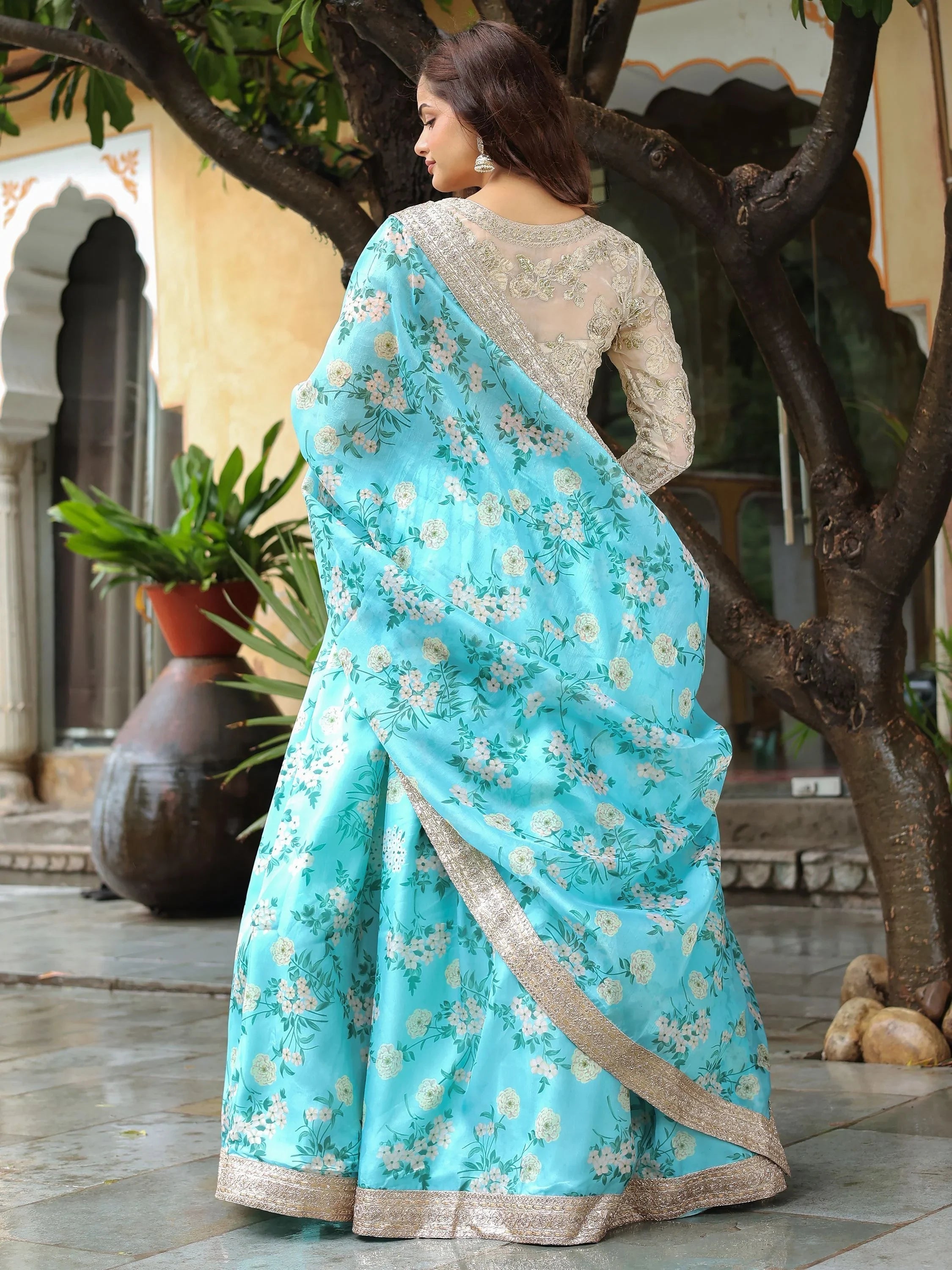 Floral printed organza lehenga choli for wedding and reception occasions