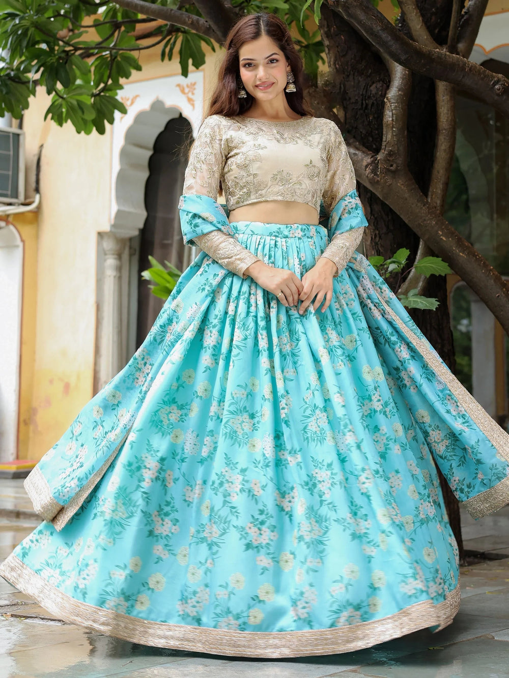 Floral printed organza lehenga choli for wedding and reception occasions