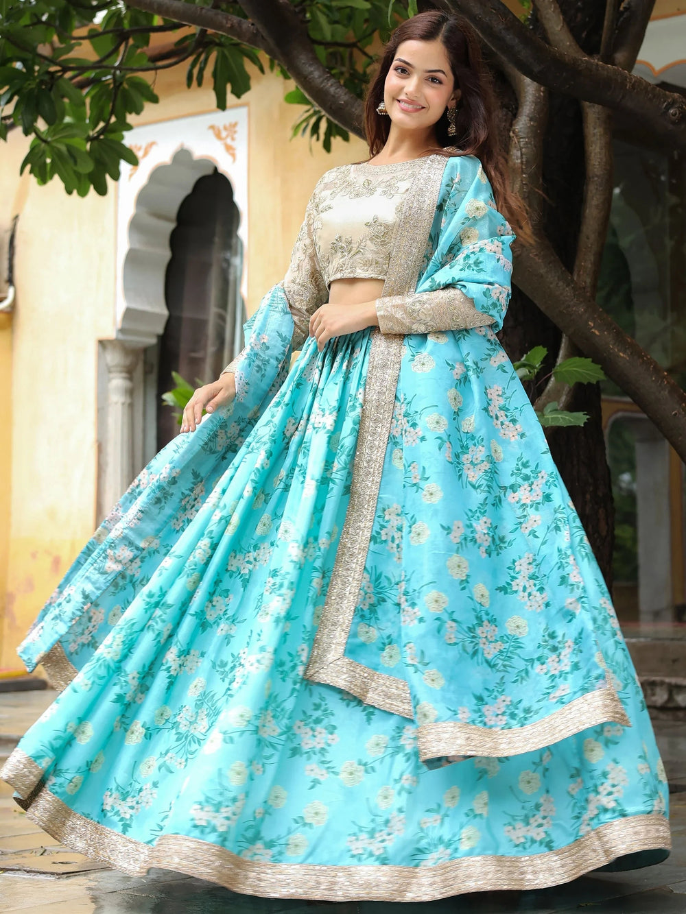 Floral printed organza lehenga choli for wedding and reception occasions