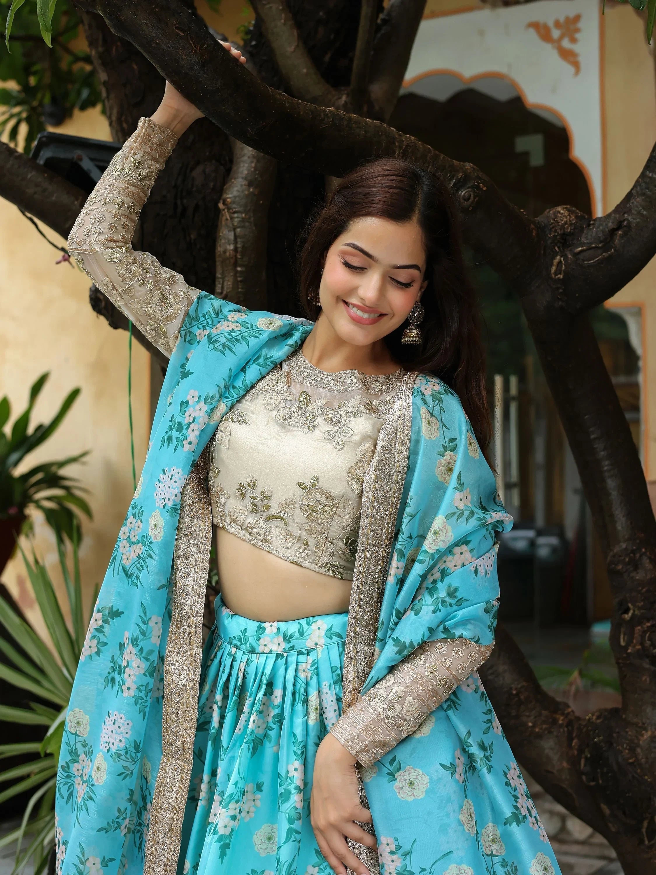 Floral printed organza lehenga choli for wedding and reception occasions
