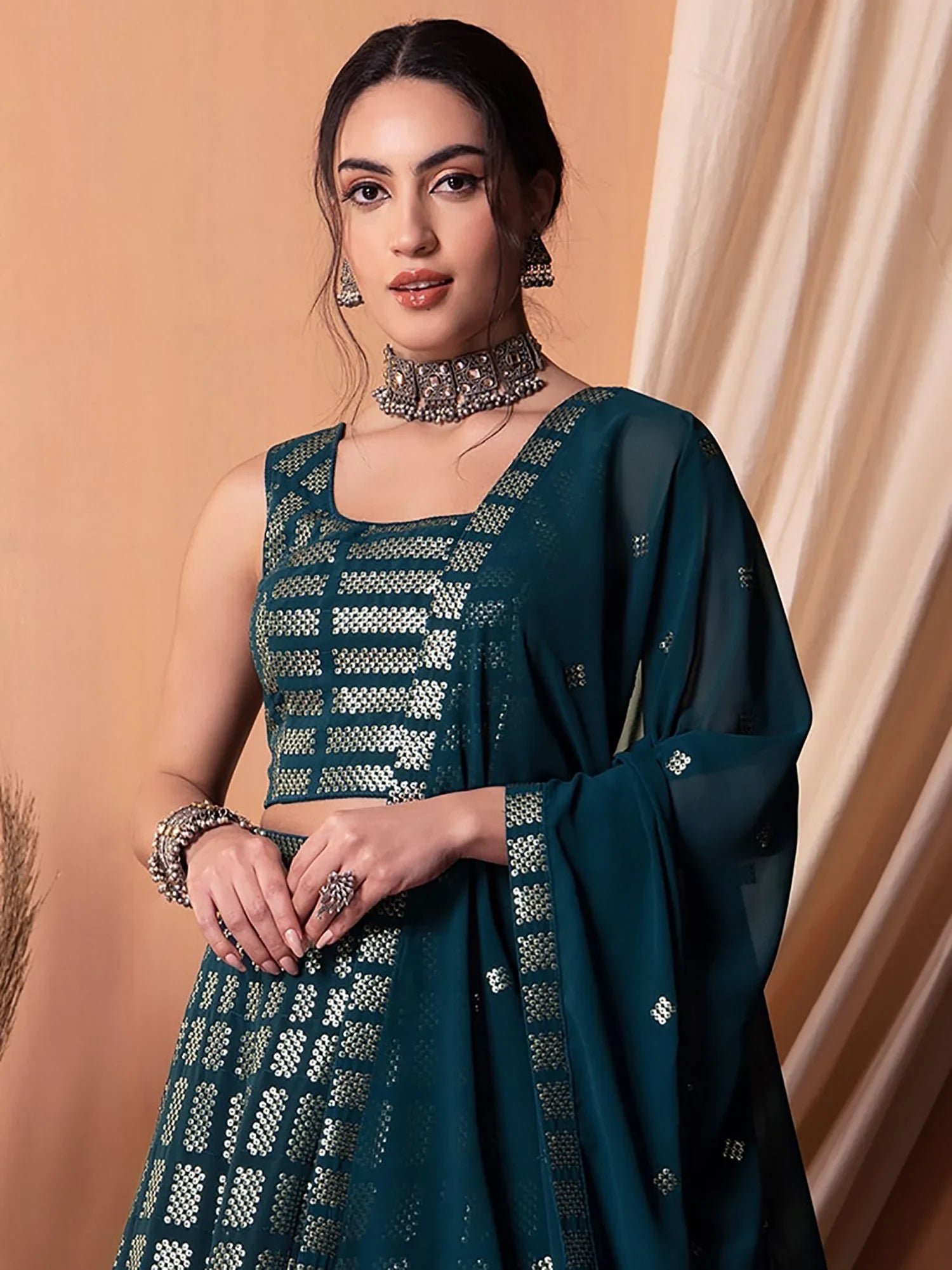 Captivating Teal Blue Sequins Georgette Party Lehenga Choli for Women
